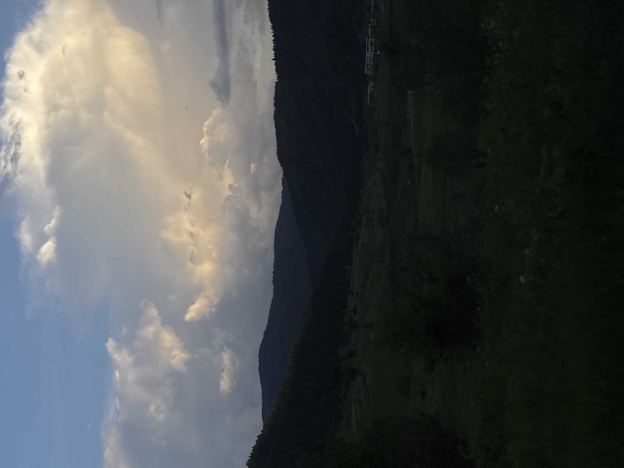 The image shows a landscape in Borino, Bulgaria. On the left, there is a bright, cloudy sky, with shades of white, gray, and blue. In the middle, a dark mountain range stretches across the frame, covered in dense trees. On the right, there is a green landscape, possibly a field or meadow, partially obscured by shadows and trees. Some buildings can be seen near the top of the right-hand slope. The image is rotated 90 degrees.