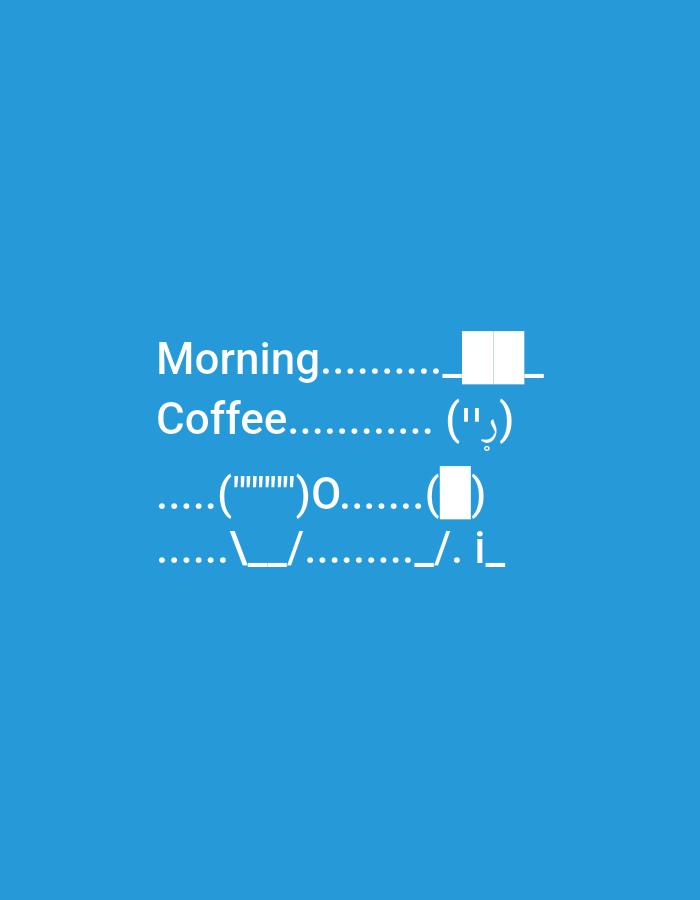 The image contains white text and ASCII art on a blue background. The text reads "Morning......... |" and "Coffee........... (''y)". Below this, there is more ASCII art depicting a coffee cup: ".........(('''''''))0.........() _.........\/........._/i_". There is no information about the location in Balakovo, Russia, within the image itself.