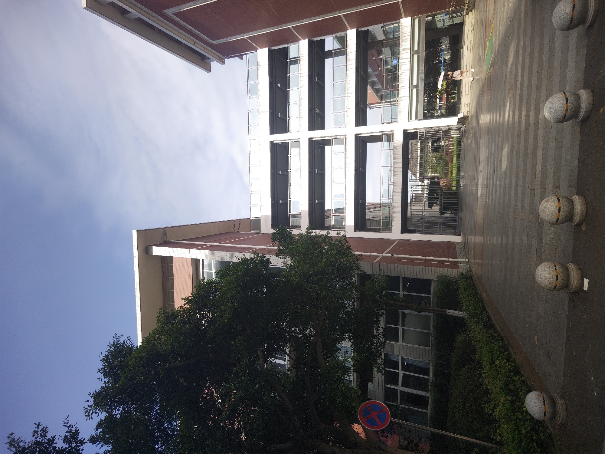 The image depicts a modern building complex with multiple floors and balconies, situated outdoors under a partly cloudy sky. A lush green tree is prominent in the left foreground, partially obscuring a red and blue circular no-parking sign. The building to the left is constructed with brick and concrete, featuring large windows. To the right, another building with a similar architectural style is visible. The ground in front of the buildings is paved with textured tiles, and decorative stone bollards are spaced along the pathway. In the mid-ground, a woman holding a white umbrella walks up a set of stairs towards the building. The scene appears to be a school or administrative campus, possibly located in the Chongqing High-tech Zone, China, given the architectural style and common urban landscaping elements.