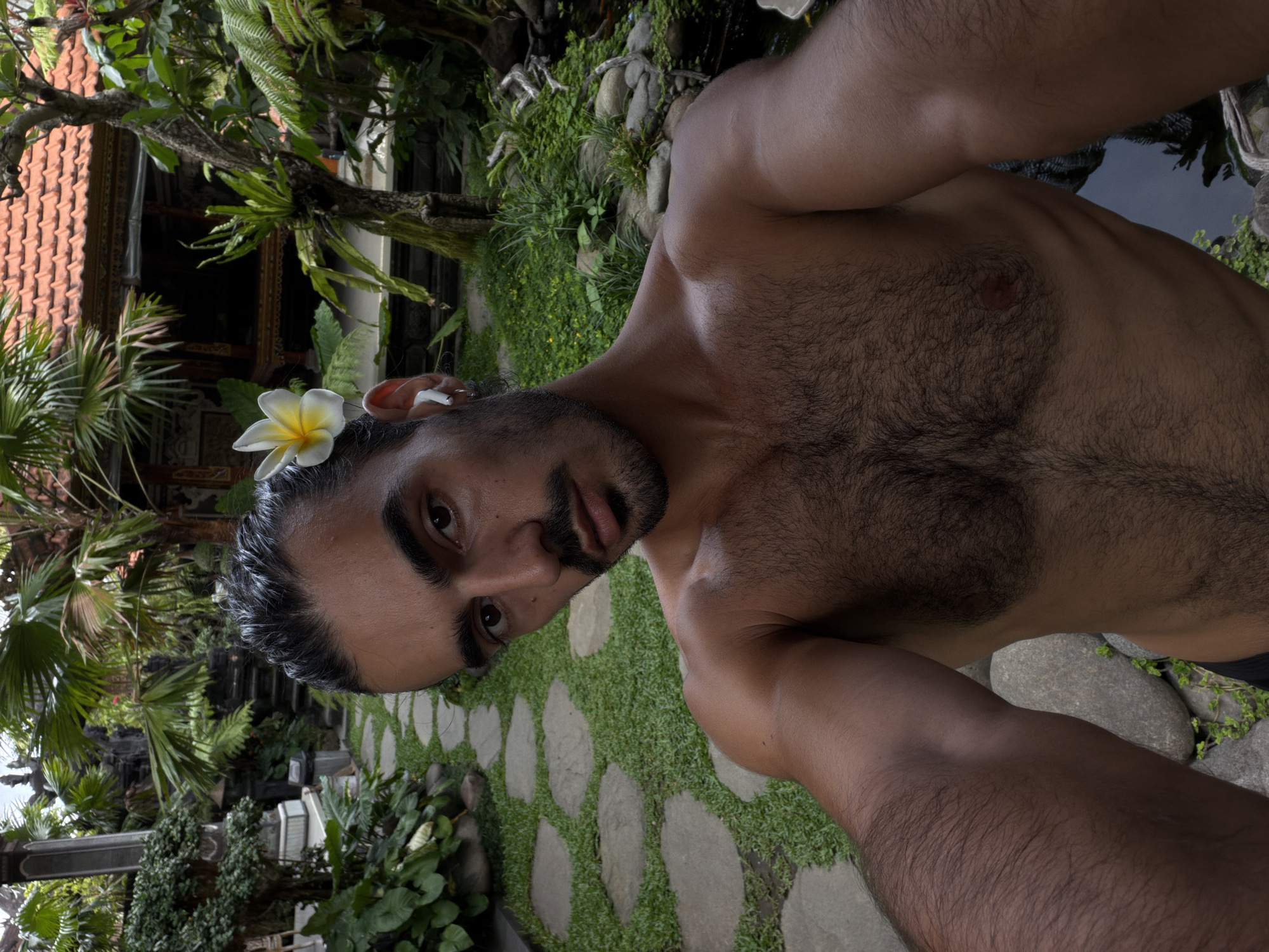 The image displays a selfie of a man taken outdoors in a lush, tropical setting. The photo is rotated 90 degrees counter-clockwise from its upright orientation.
The main subject is a man with dark hair and a beard, looking directly at the camera. He is shirtless, showing a muscular torso with a hairy chest and arms. A white plumeria (frangipani) flower is tucked behind his left ear. His expression is neutral and direct.
He appears to be standing on a pathway made of large, irregular stone stepping stones embedded in green grass. The background is a dense tropical garden filled with various plants, including ferns and broad-leaf foliage, suggesting a vibrant natural environment. To his right, a dark body of water, possibly a pond or pool, is visible. Further back, part of a building with a traditional red-orange terracotta tiled roof and ornate wooden architectural details can be seen, hinting at local Balinese style.
The setting, with its specific architecture, abundant tropical vegetation, and the presence of the plumeria flower, strongly indicates a location in Southeast Asia, consistent with North Kuta, Indonesia. The natural lighting suggests it is daytime. There is no visible text in the image.