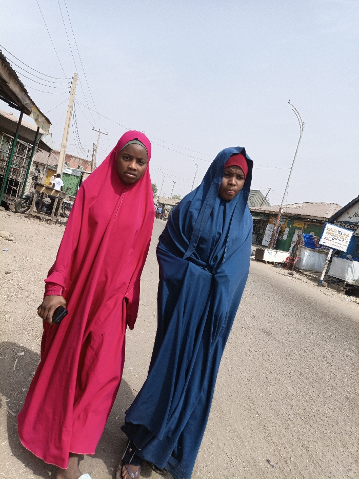 Two individuals are present on a paved street in Gawuna, Nigeria, under a clear daylight sky. The person on the left wears a hot pink full-body garment and a matching headscarf, holding a black smartphone in their right hand. Their face is visible, exhibiting a neutral expression. The person on the right wears a dark blue full-body garment over a red head covering. Their face is also visible, displaying a neutral expression. Both are positioned on the road surface. The background on the left includes several market-style structures with corrugated roofs, a wooden utility pole with power lines, and a parked motorcycle. Distant figures are partially visible. On the right, further structures are present, including one with a partially legible sign indicating "MAMAYA TEA AND PROVISION STORE," alongside a metal street light pole.