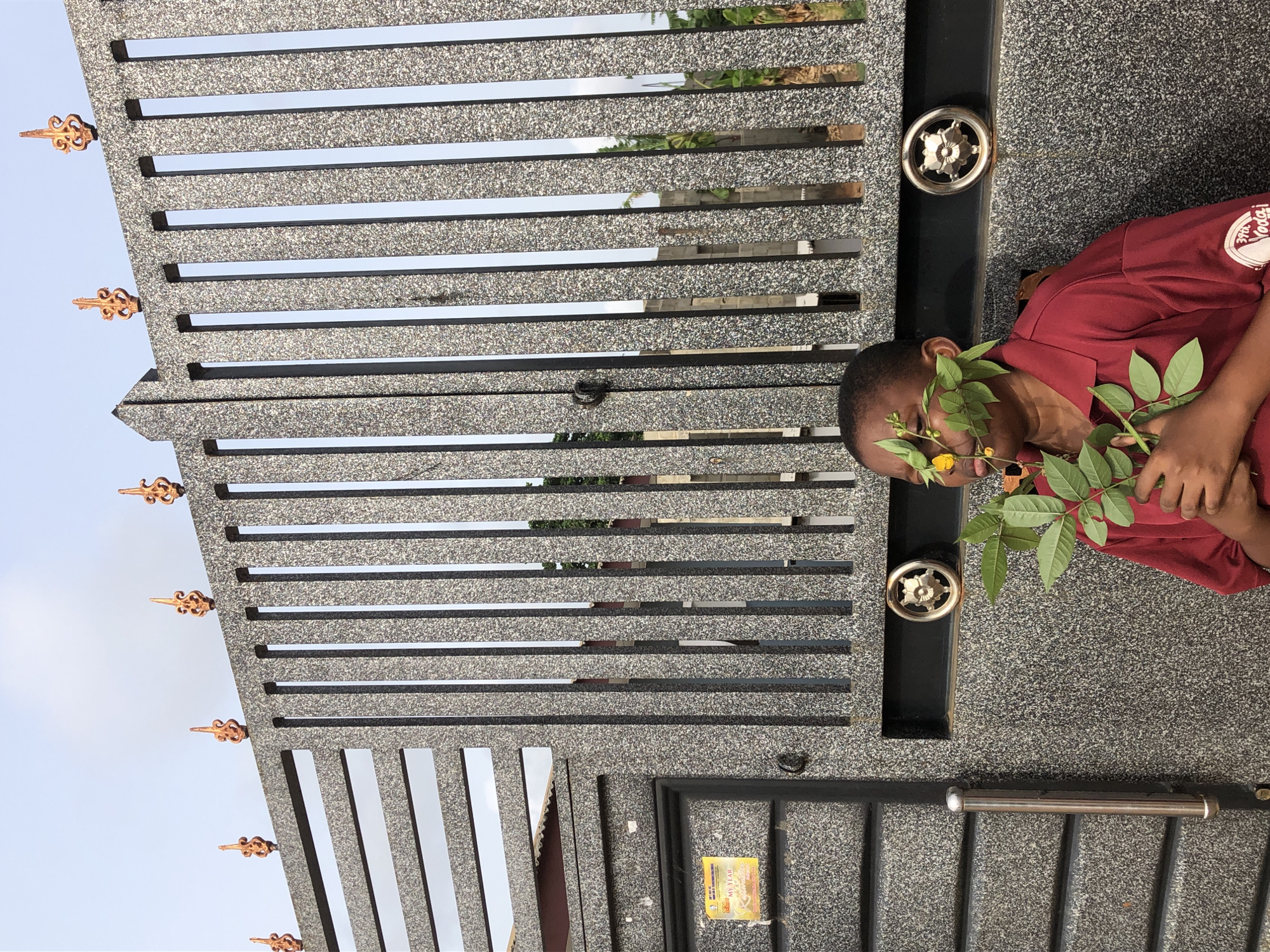 A photograph taken outdoors depicts a gate made of dark grey mottled stone. The gate features horizontal metal bars interspersed with mirroring strips. At the top are decorative bronze accents. To the right, a person with dark skin is seen in a dark red short-sleeved shirt, holding green leaves and yellow flowers in front of their face. The person is partially obscured by the gate. The sky above the gate is visible and a light blue color. The specific location within the city of Unknown, Unknown is not discernible from the image.