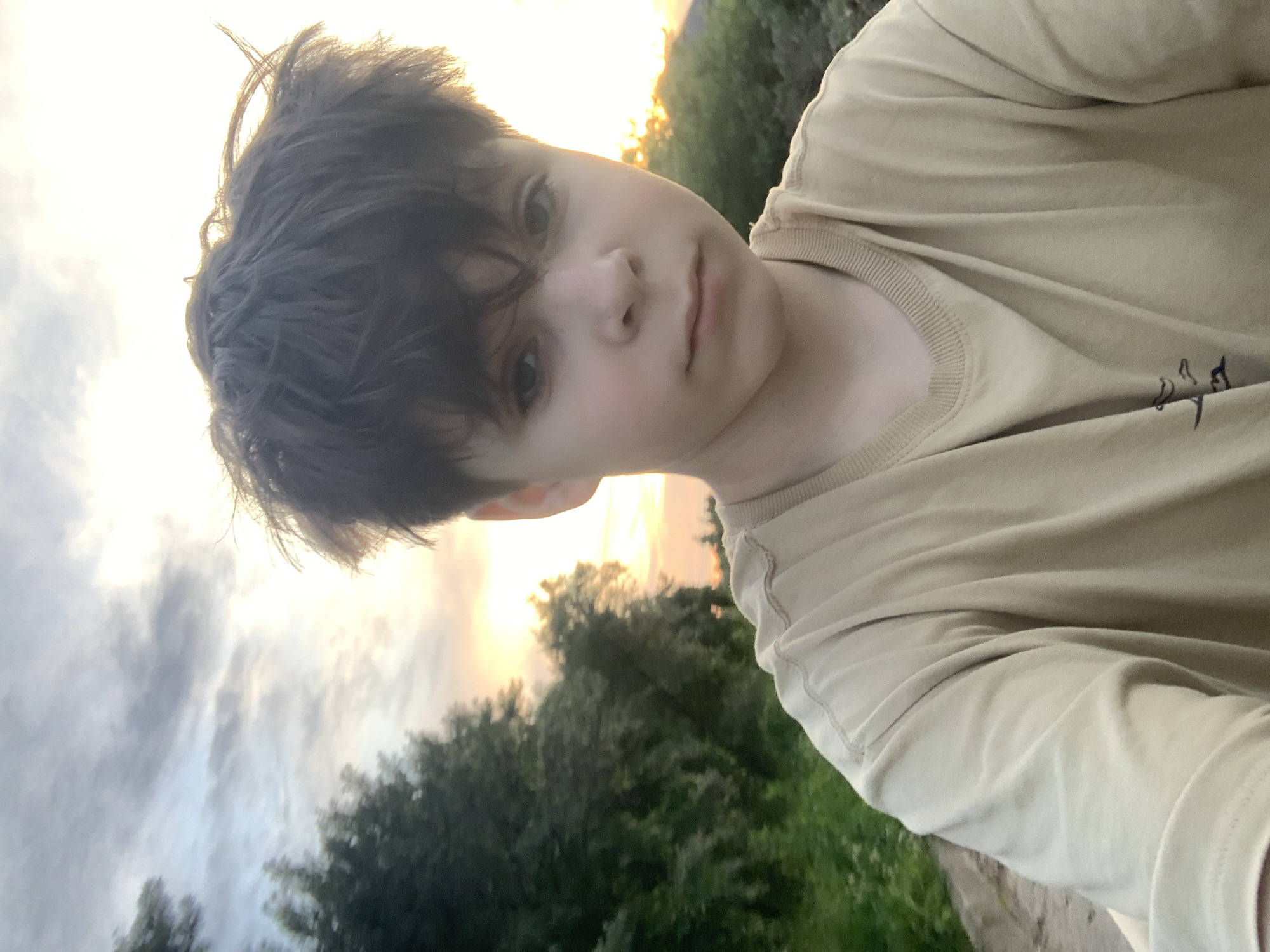 This is a selfie taken outdoors, with the subject, a young person with dark, messy hair, looking towards the camera. They are wearing a light-colored t-shirt. The background shows a hazy sky with warm, orange and yellow hues, suggesting it is either sunrise or sunset. Dense green trees are visible below the sky. The overall mood appears calm and natural, with the soft lighting contributing to a gentle atmosphere. The image appears to be taken in Gvardeysk, Russia.