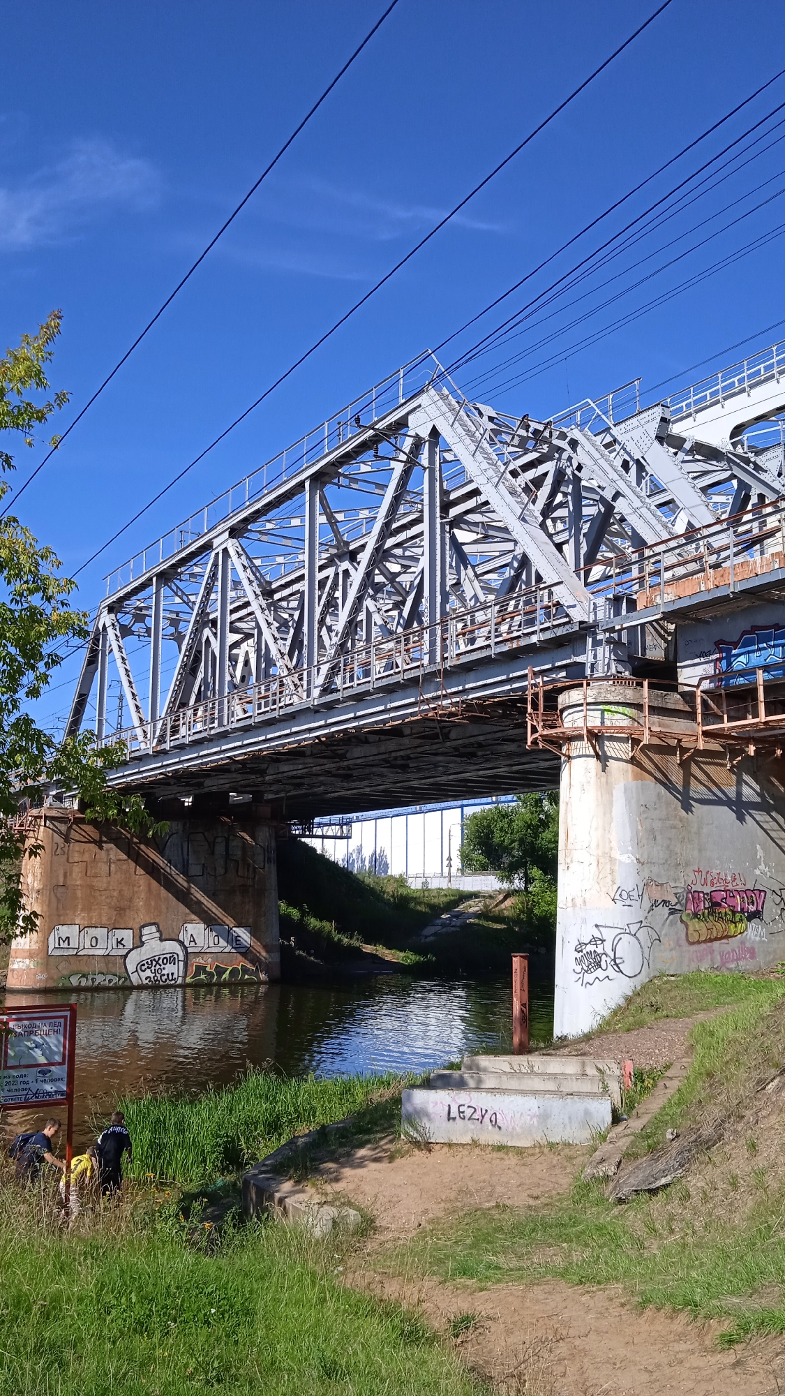 This is a photograph of a railway bridge over a body of water, likely a river, in the city of Dolgoprudny, Russia. The bridge is a large metal truss structure, painted gray. There are power lines strung above the bridge. The banks of the water are covered in green grass and some trees. The concrete supports of the bridge are covered in graffiti. On the left side of the image, there are three people near the water's edge, appearing to be engaged in some activity. One person is wearing a yellow shirt, another a blue shirt, and the third a black and white shirt. A red and white sign with text in Russian is also visible on the left. The water reflects the blue sky and the bridge. The overall scene suggests a partly urban, partly natural environment on a clear day.