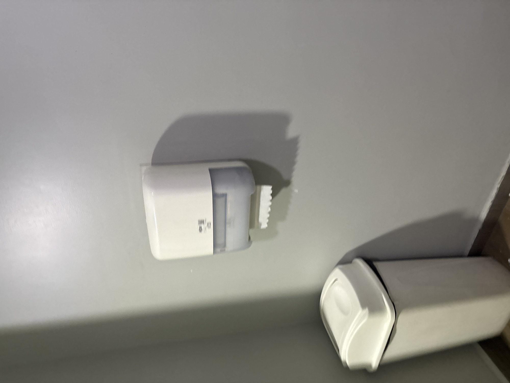 The image shows a bathroom setting with a toilet paper dispenser and a toilet. The dispenser is white plastic and mounted on a light gray wall. The toilet, also white, is angled towards the lower right corner of the image. There is no information in the image to suggest its location in Puebla, Mexico.