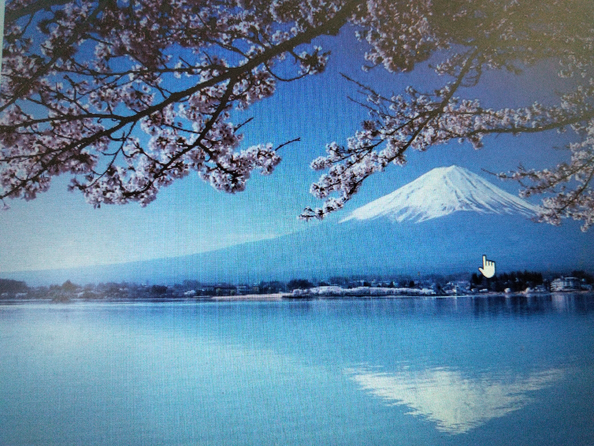 The image depicts a picturesque landscape with Mount Fuji as the focal point, framed by delicate pink cherry blossoms in the foreground. The majestic snow-capped mountain rises majestically against a clear blue sky, its reflection shimmering on the tranquil waters of a lake below. A town or village is nestled along the lake's edge, characterized by a collection of buildings and trees. The scene evokes a sense of serenity and natural beauty. The image is not located in the city of Cotgadong, Indonesia.