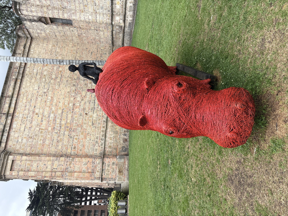 A red, life-sized hippo sculpture made of interwoven material sits on green grass in front of a brick building. A smaller, black statue of a person is on the hippo's back. A palm tree is visible to the left of the hippo, and buildings can be seen in the background. The ground is covered in grass, and a dark object is sticking out behind the hippo.