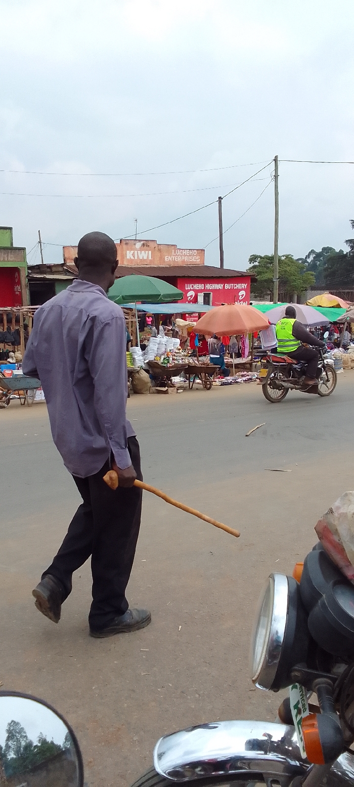 The image captures a street scene in Kakunga, Kenya, depicting a bustling commercial area under an overcast sky.
In the foreground, a man wearing a purple long-sleeved shirt and dark trousers walks away from the camera, holding a wooden stick with a carved handle in his right hand. To the bottom right, the chrome headlight and a rearview mirror of a motorcycle, from which the photo is likely taken, are visible, reflecting greenery.
The mid-ground and background feature a lively market alongside the road. Market stalls, laden with various goods, are set up under colorful umbrellas (green, orange, and brown). People are visible moving around the stalls. A person wearing a bright green reflective vest rides a motorcycle from right to left across the frame.
Behind the market, several buildings line the street. A prominent reddish-orange building displays signs reading "KIWI" and "LUCHEHO ENTERPRISES." Below this, another sign indicates "LUCHEHO HIGHWAY BUTCHERY," with the "AIRTEL" logo also visible on the building's facade. Wooden utility poles with overhead wires stretch across the upper part of the image. The road surface appears to be asphalt or packed earth. The scene portrays a typical day in a vibrant local market and street.