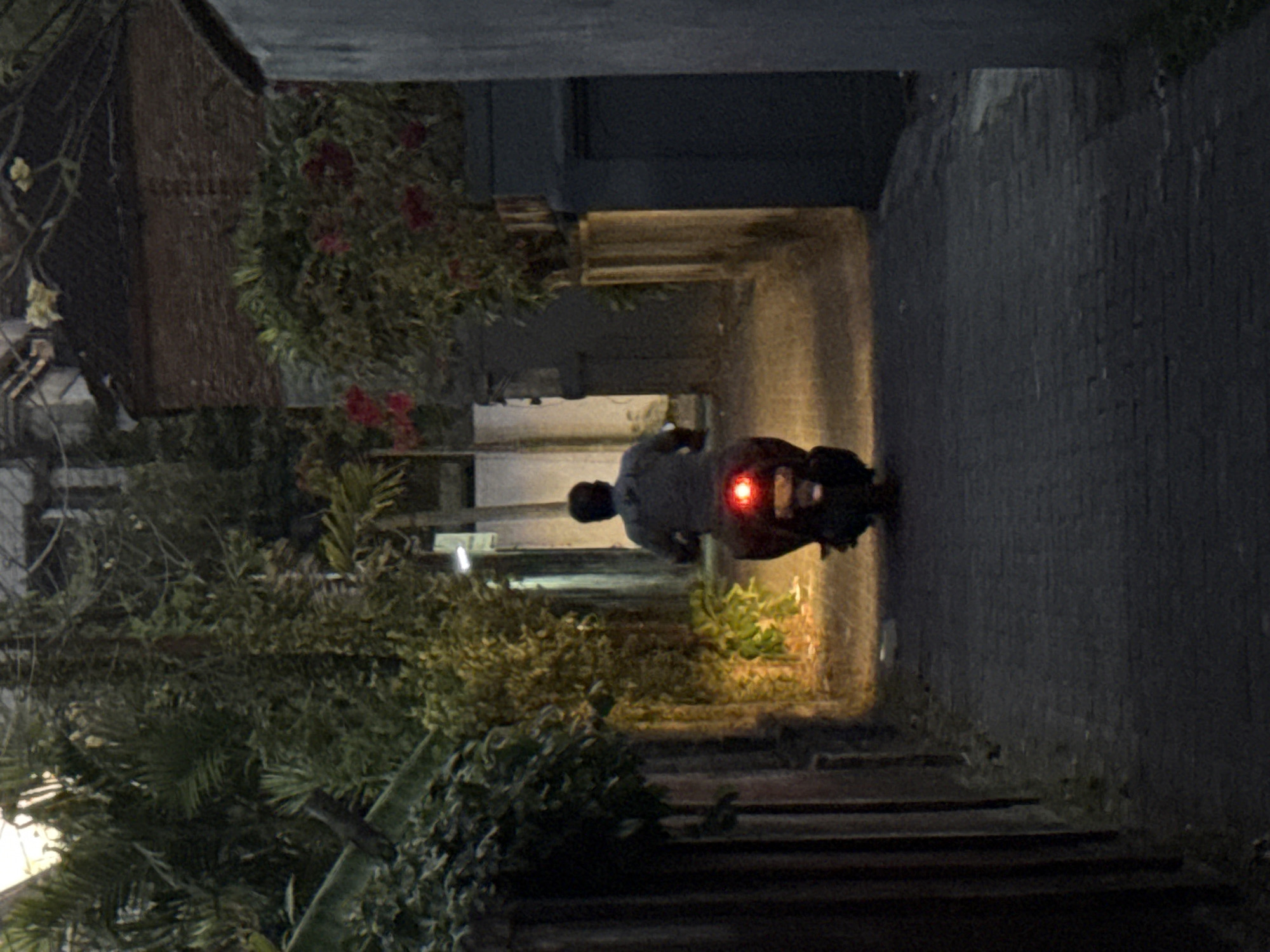 A lone individual rides a dark-colored scooter down a narrow, paved alleyway in Denpasar, Indonesia, at dusk or early evening. The scooter's red taillight is illuminated, casting a warm glow on the path ahead. The alley is flanked by textured walls, with lush, green foliage and some red flowers on the right side, and darker, rougher walls on the left. The overall impression is one of a dimly lit, somewhat tropical urban environment.