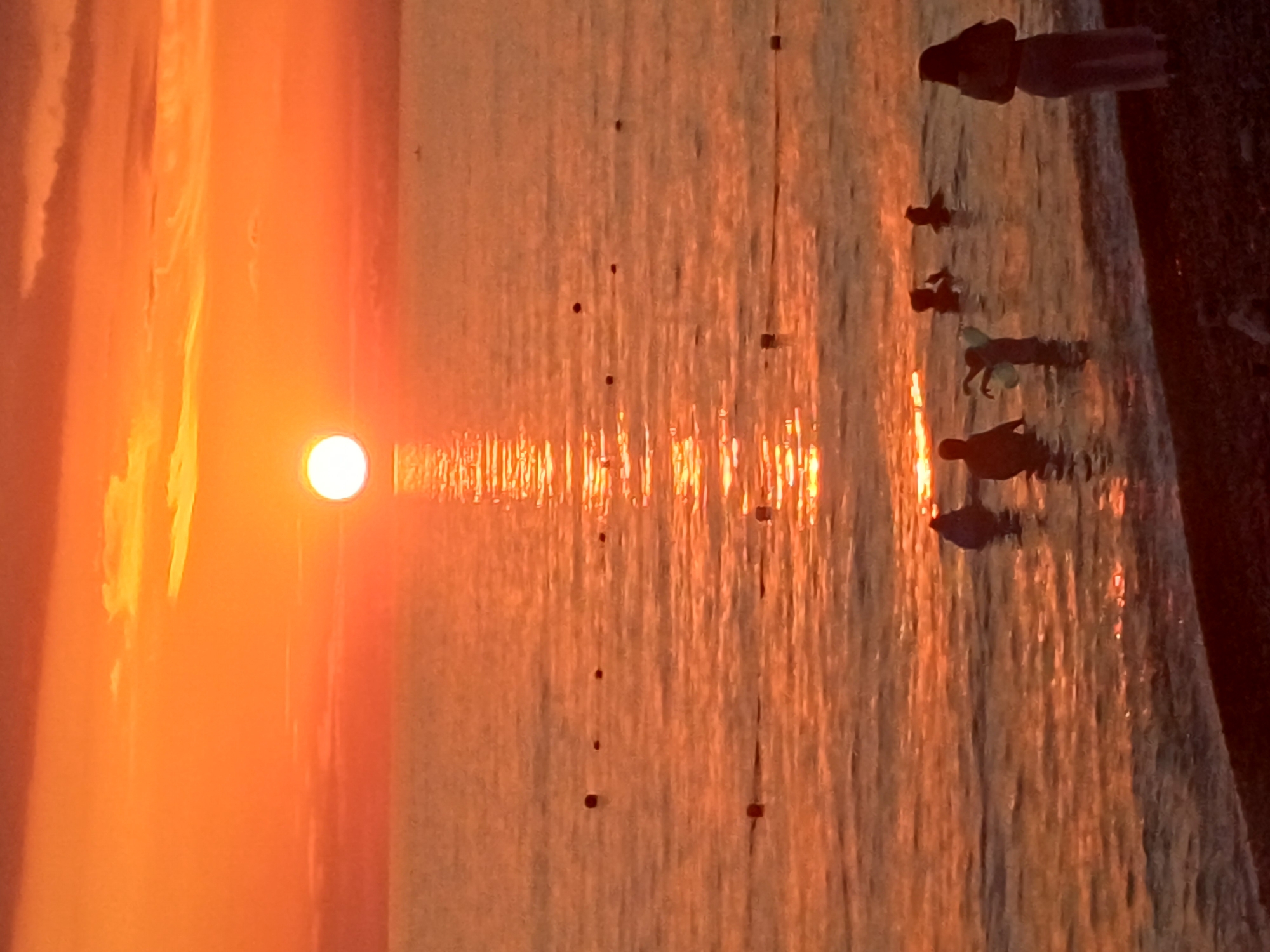 This is a vertical, eye-level, medium shot photograph taken at sunset on the coast of Sochi, Russia. The sun, a bright orange orb, is partially submerged on the horizon, casting a strong reflection across the calm water. The sky is a gradient of oranges and reds, with some wispy clouds. In the foreground, the shallow water meets a pebbled beach. Several people are in the water, some appearing to be swimming or wading, while others are standing. One person on the right side of the frame, standing on the beach, is wearing a long, light-colored skirt and a top. A few buoys are visible in the water, marking a boundary. The overall mood is serene and warm, typical of a summer evening.