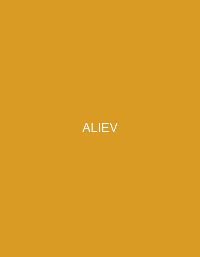The image features a minimalist composition with a solid, plain background in a mustard yellow or golden-orange color. Centered prominently on this background is the word "ALIEV" written in all capital letters. The text is rendered in a clean, white, sans-serif typeface. No people, objects, or specific scene elements are visible, and no activity or event is taking place. The image is devoid of any discernable time of day, weather, or location cues beyond the text itself. The overall impression is one of stark simplicity, focusing solely on the brand name or surname against a flat color field.