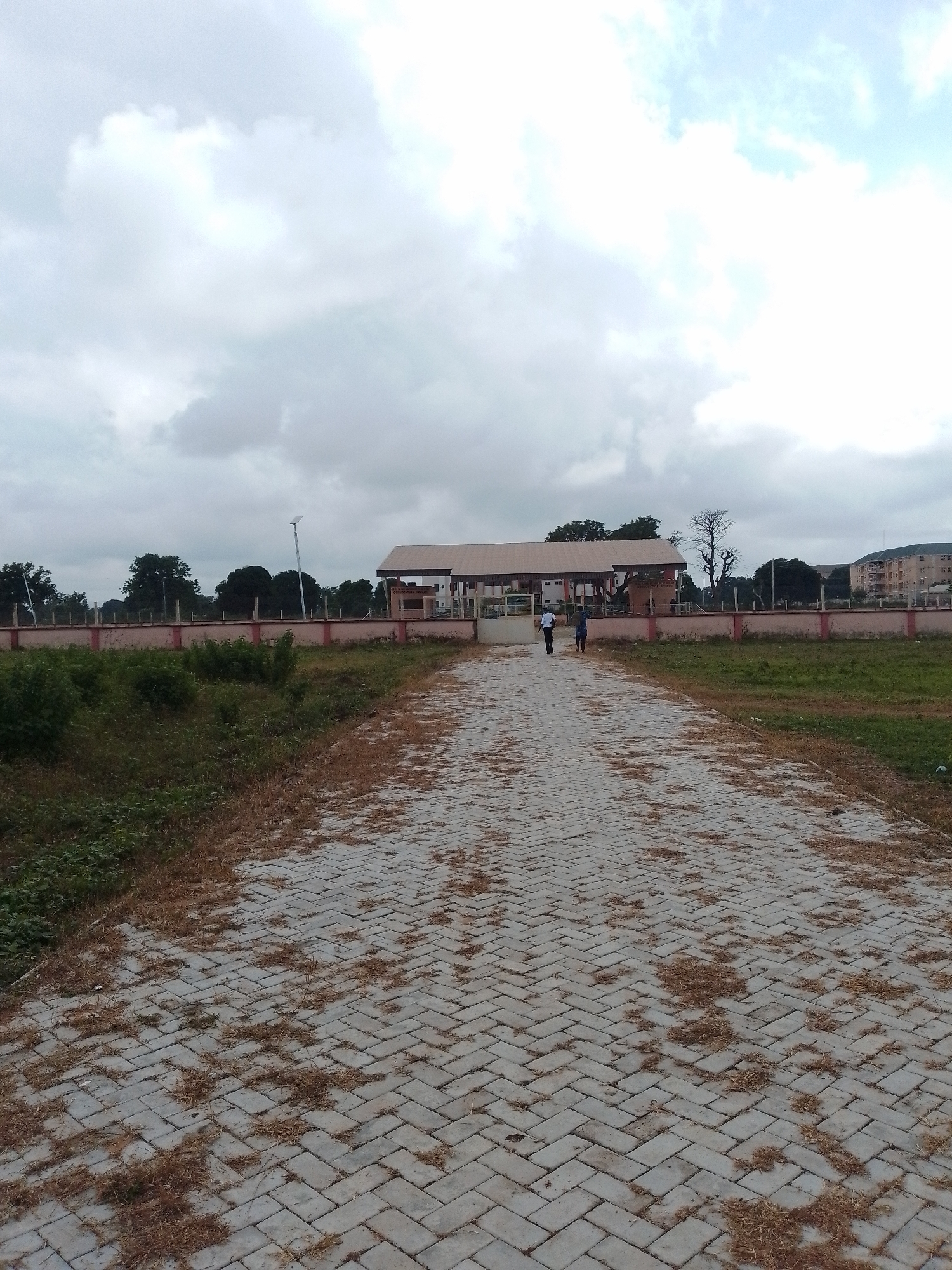 The image shows a paved walkway made of grey interlocking bricks, leading towards a building with a light brown roof. The walkway is partially covered with dry grass and leaves. On the right side of the walkway is a grassy field, and on the left is a low, light pink wall topped with a dark fence. Beyond the fence, there are various trees. In the distance, the building has multiple windows and a sign above its entrance. Two individuals, one in a white shirt and dark pants, and another in a dark outfit, are walking away from the camera on the walkway, approaching the building. The sky is overcast with grey clouds, indicating a cloudy day. The scene appears to be an outdoor area, possibly a campus or a public space, located in Wukari, Nigeria.