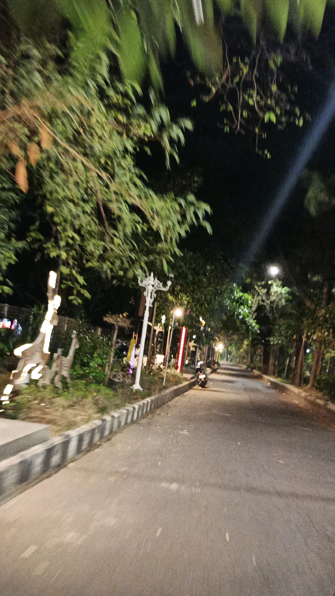 This is a nighttime photograph of a street lined with trees and decorative lights, likely in Surakarta, Indonesia. A paved road stretches into the distance, with a motorcycle parked on the right side. On the left side of the road, there are illuminated decorative figures, possibly animals, and a street lamp. The foliage from the trees overhangs the road, and some of the lights are strung through the branches. The image appears to have been taken from a moving vehicle due to the motion blur in the trees and sky.