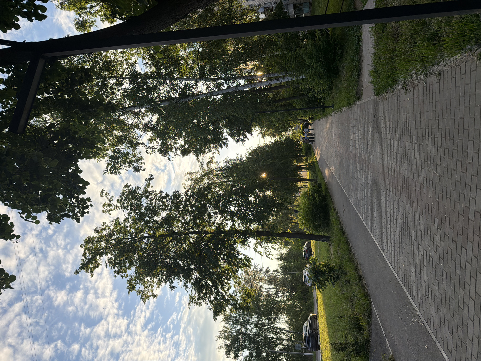 The image captures a sunlit urban parkway or avenue in Chaikovsky, Russia, during the late afternoon or early evening. The scene is dominated by a wide, brick-paved pedestrian path on the right, alongside a narrower asphalt track (likely a bicycle lane) on the left. Both paths are delineated by a white line. Lush green grass and various trees, including tall deciduous trees with dense foliage and several birches with distinctive white bark, line the paths on both sides, creating a verdant corridor.
The sun, low in the sky and positioned towards the center-left, casts a warm, golden glow and long shadows, filtering through the tree canopy and creating distinct starburst effects in several places. Above, the sky is a clear blue adorned with scattered white, feathery clouds.
On the far left, beyond the trees, a multi-lane road is visible, with at least three cars – a dark SUV, a white sedan, and another dark sedan – driving or parked. The sunlight illuminates the road and the grass verge beside it. A few streetlights or lampposts are interspersed among the trees along the path; one prominent dark metal post is visible on the extreme right, partially framing the scene, and another can be seen further down the path on the left.
A group of approximately five to seven individuals is seen walking in the distance along the paved pedestrian path, moving away from the viewer. On the far right, a light-colored multi-story building, likely residential, is partially visible through the dense foliage, indicating an urban or suburban setting. The overall atmosphere is tranquil and inviting, characteristic of an evening stroll through a green urban space. Overhead wires are subtly visible against the sky in the upper left portion of the image.