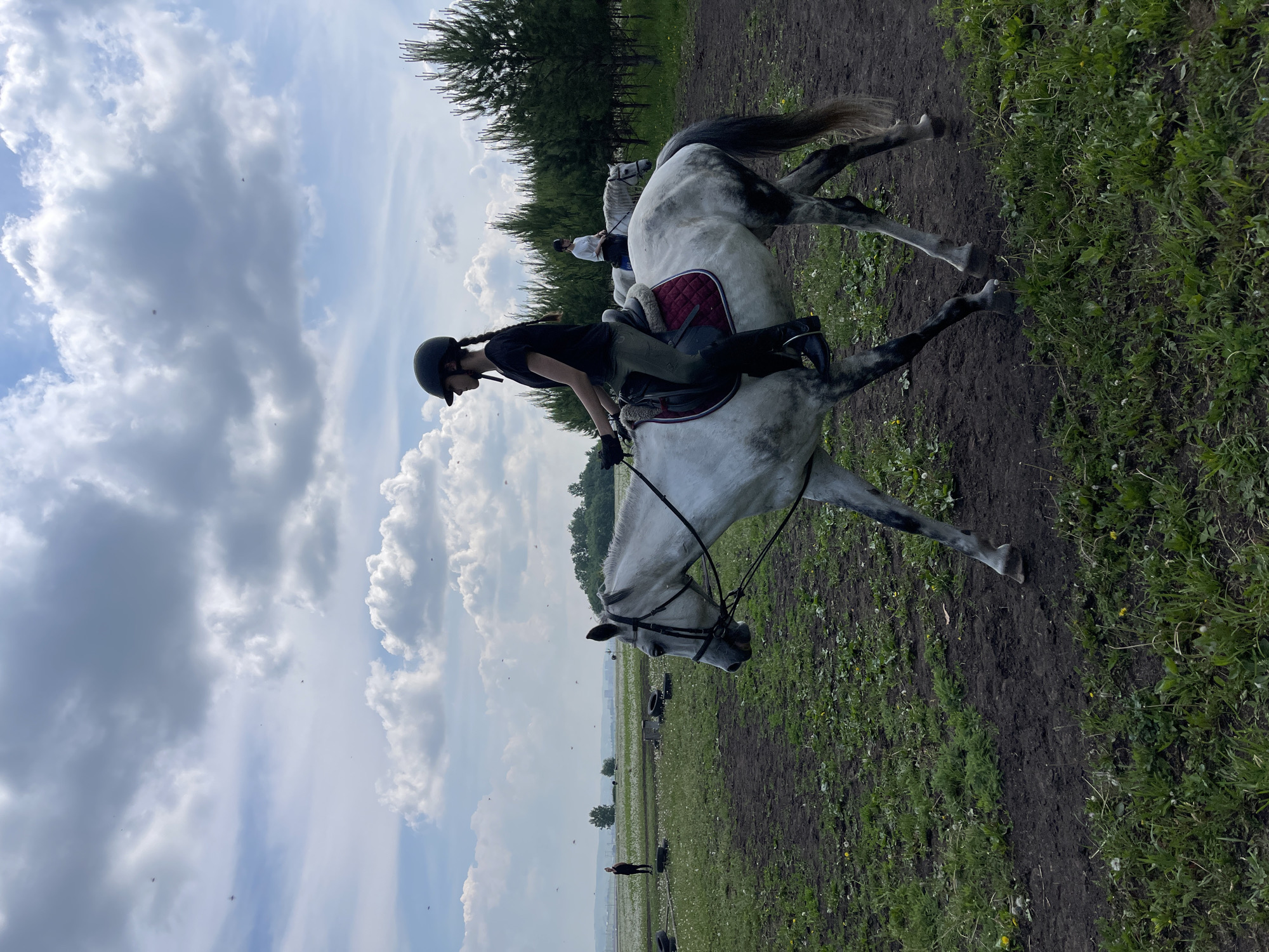 A young woman wearing a black t-shirt, olive green riding pants, black riding boots, and a black helmet is riding a grey and white horse with a red saddle pad. The horse is walking on a dirt path with green grass and dandelions on either side. In the background, a line of pine trees stands against a cloudy sky with scattered small birds or insects. Another person on horseback is visible further in the background, as well as a person standing in a field. The scene appears to be an outdoor equestrian facility in the city of Elita, Russia.