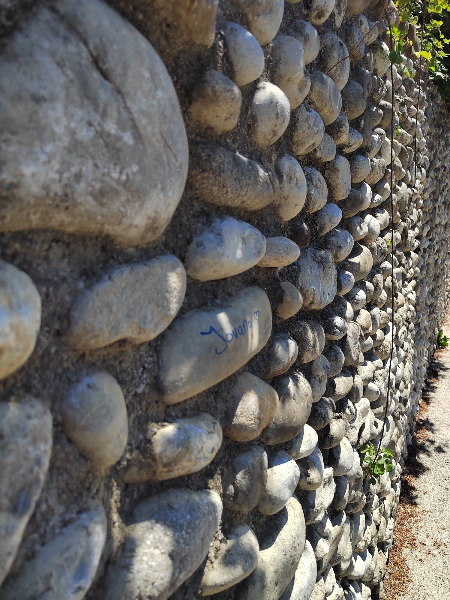 The image shows a wall constructed of rounded stones, varying in size and color from light gray to dark gray, held together with a mortar-like substance. A name, "Jovana," is written in blue ink on one of the stones, accompanied by a heart symbol. The wall appears to extend into the distance, slightly curving. Some green vegetation is visible growing on or near the wall. A pathway is adjacent to the wall. The location is identified as Podgorica, Montenegro.