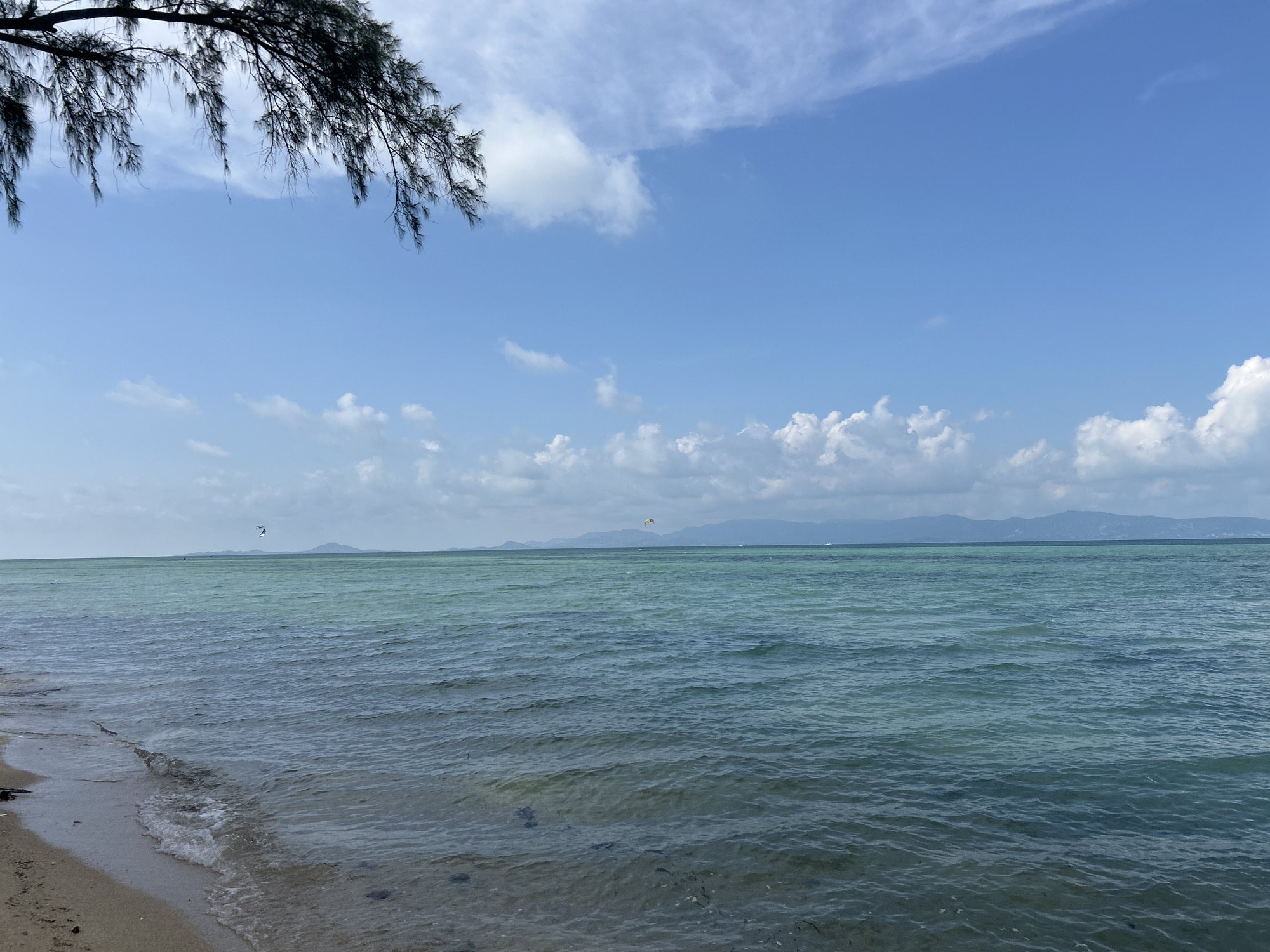 The image captures a coastal scene in Moo 1, Thailand, featuring a beach with light-colored sand, calm turquoise water, and a clear blue sky with scattered clouds. A tree branch with dark foliage is visible in the upper left corner. In the distance, a faint mountain range or islands are apparent. Two small kites or parasails are visible over the water. The water surface shows gentle ripples and slight variations in color due to depth or underwater features.