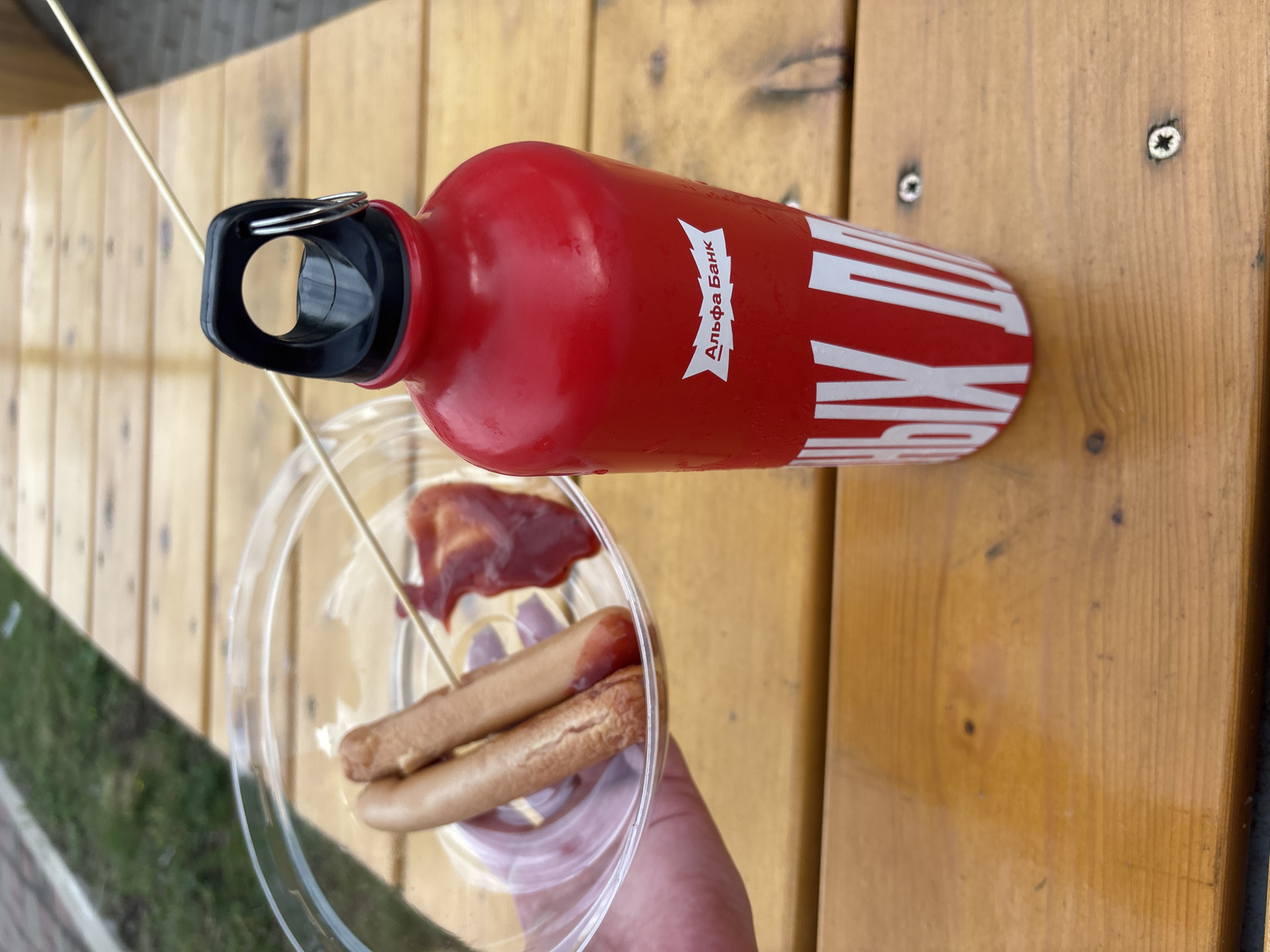 A hand holds a clear plastic container with two hot dogs speared on a wooden skewer. A small amount of ketchup is visible on the skewer and in the container. Next to the container is a red metal water bottle with a black lid. A white logo that reads "Альфа Банк" (Alfa-Bank) is visible on the bottle, as well as white text along the bottom that is partially obscured. The objects are resting on a wooden picnic table, which appears to be outdoors. The background shows blurred green grass and a portion of a paved area. The image was taken in Birobidzhan, Russia.