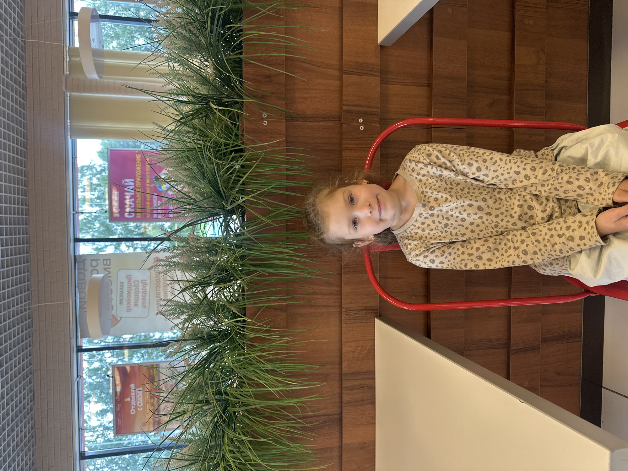 A young girl with blonde hair and blue eyes is sitting on a red chair in front of a wooden wall. She is wearing a tan long-sleeved shirt with a leopard print and light-colored pants. Behind her, there is a planter filled with artificial greenery, and beyond that, large windows showing trees outside. There are also signs visible through the windows, one of which appears to advertise a mobile application. In the foreground, parts of two light-colored tables are visible on either side of the girl. The ceiling is a white grid pattern, and there are light fixtures hanging from it. The overall setting appears to be an indoor dining area, possibly a cafe or restaurant, with a view of the outdoors. The city of Krilovo, Russia, is not depicted or suggested in the image.