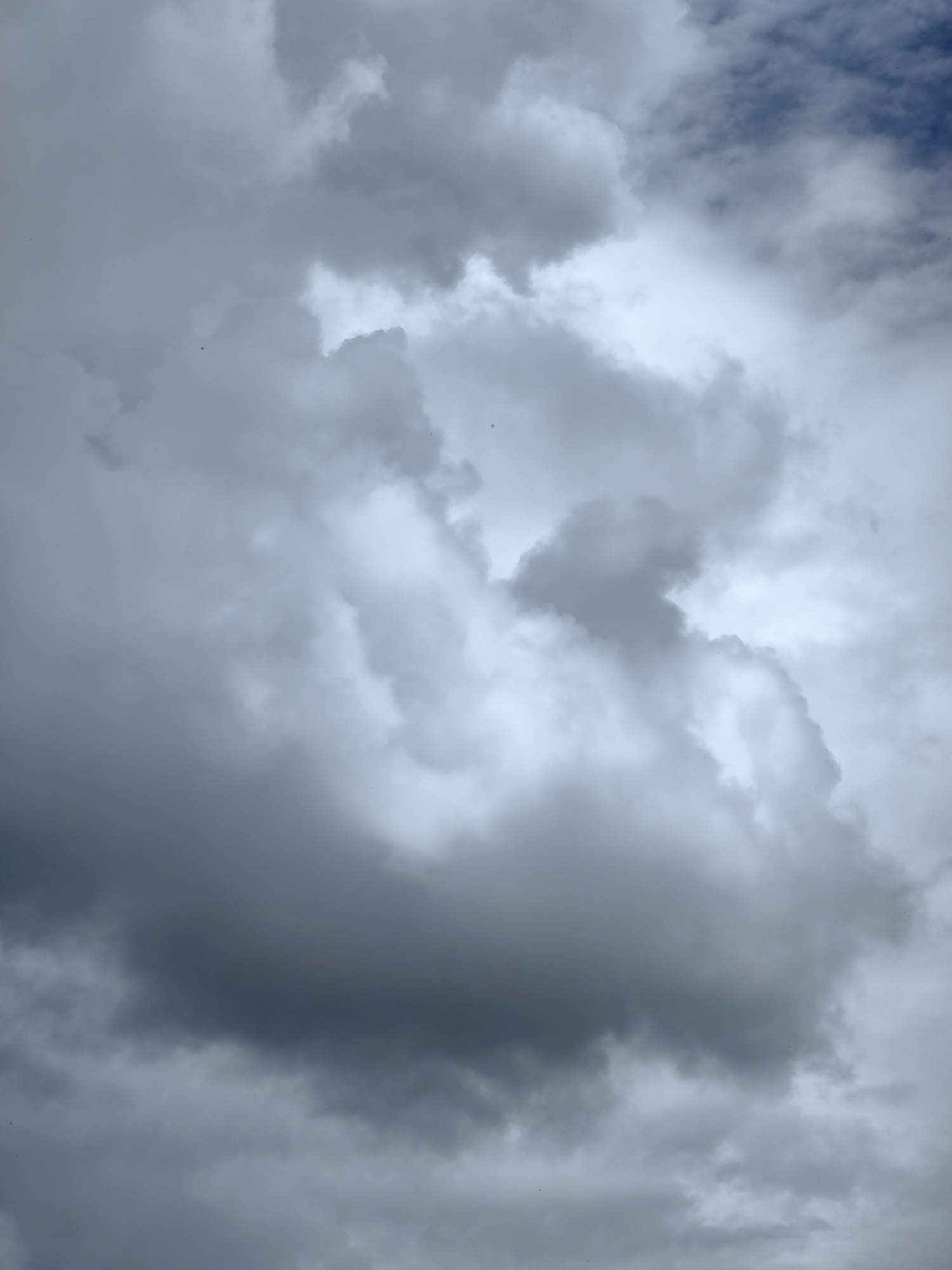 A low-angle, full-frame shot captures a sky filled with a thick, overcast of grey clouds. The clouds are predominantly dark and heavy, with lighter, diffused areas showing through, suggesting the presence of sunlight behind them. There are no discernible human figures or man-made structures visible in the frame. The scene is natural and devoid of any urban elements, indicating it was taken in an open area with no reference points to a specific city location. The atmospheric conditions suggest a potentially rainy or stormy day.