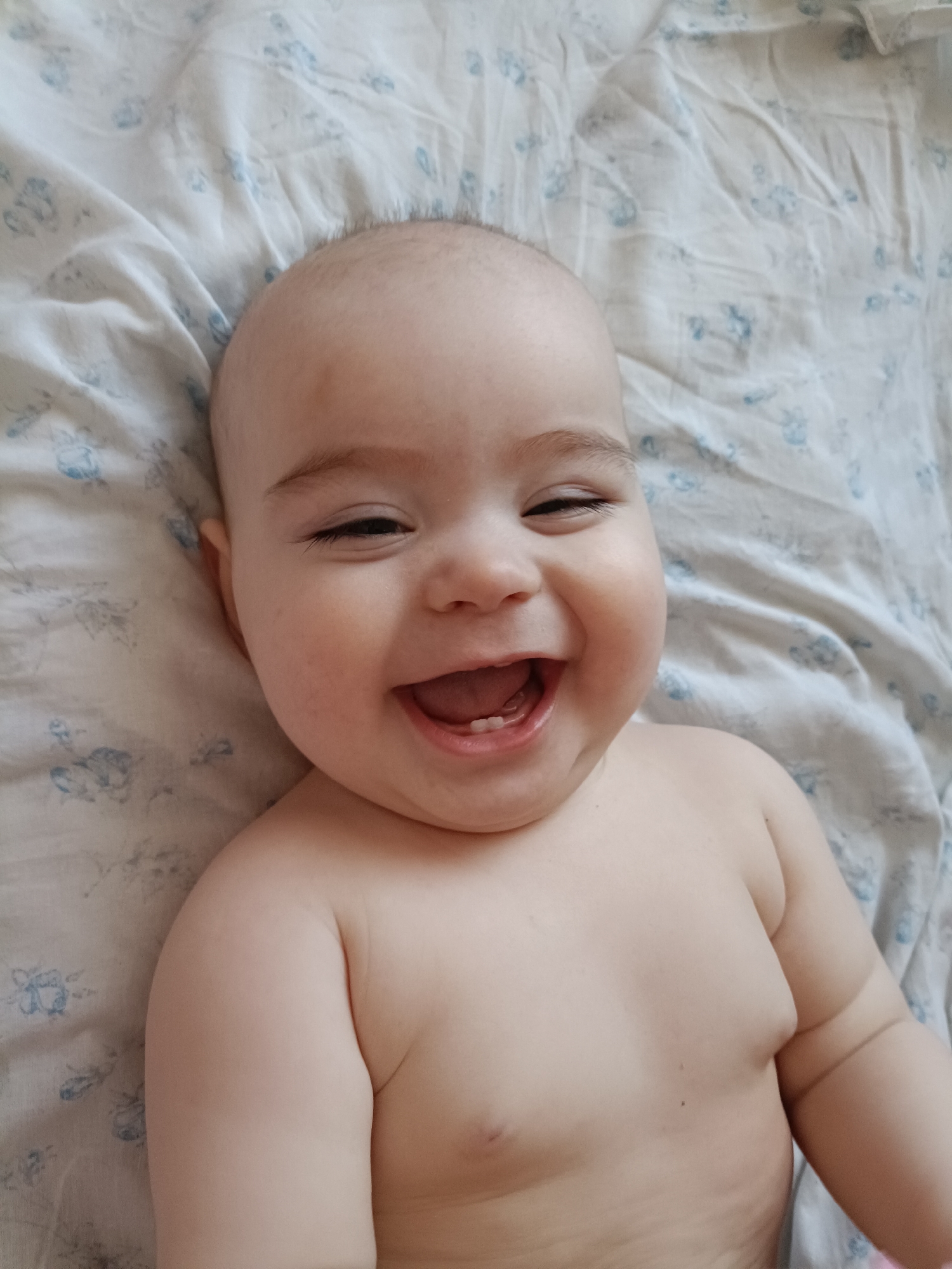 An overhead shot captures a baby lying on its back, exhibiting a wide, joyful laugh. The baby, with fair skin and a visible torso, appears bare-chested and has soft, rounded features, including chubby cheeks and arms. Its eyes are squinted nearly shut with happiness, and its mouth is open, revealing two small teeth on the bottom gum. Fine, light hair is visible on the baby's head. The baby is lying on a light-colored sheet, likely white or off-white, adorned with a subtle pattern of light blue floral or leaf designs. The sheet is somewhat wrinkled, suggesting a soft bedding surface. The overall emotion conveyed is one of pure happiness and delight. There is no visible text in the image. This photograph was taken in Noviy, Russia.