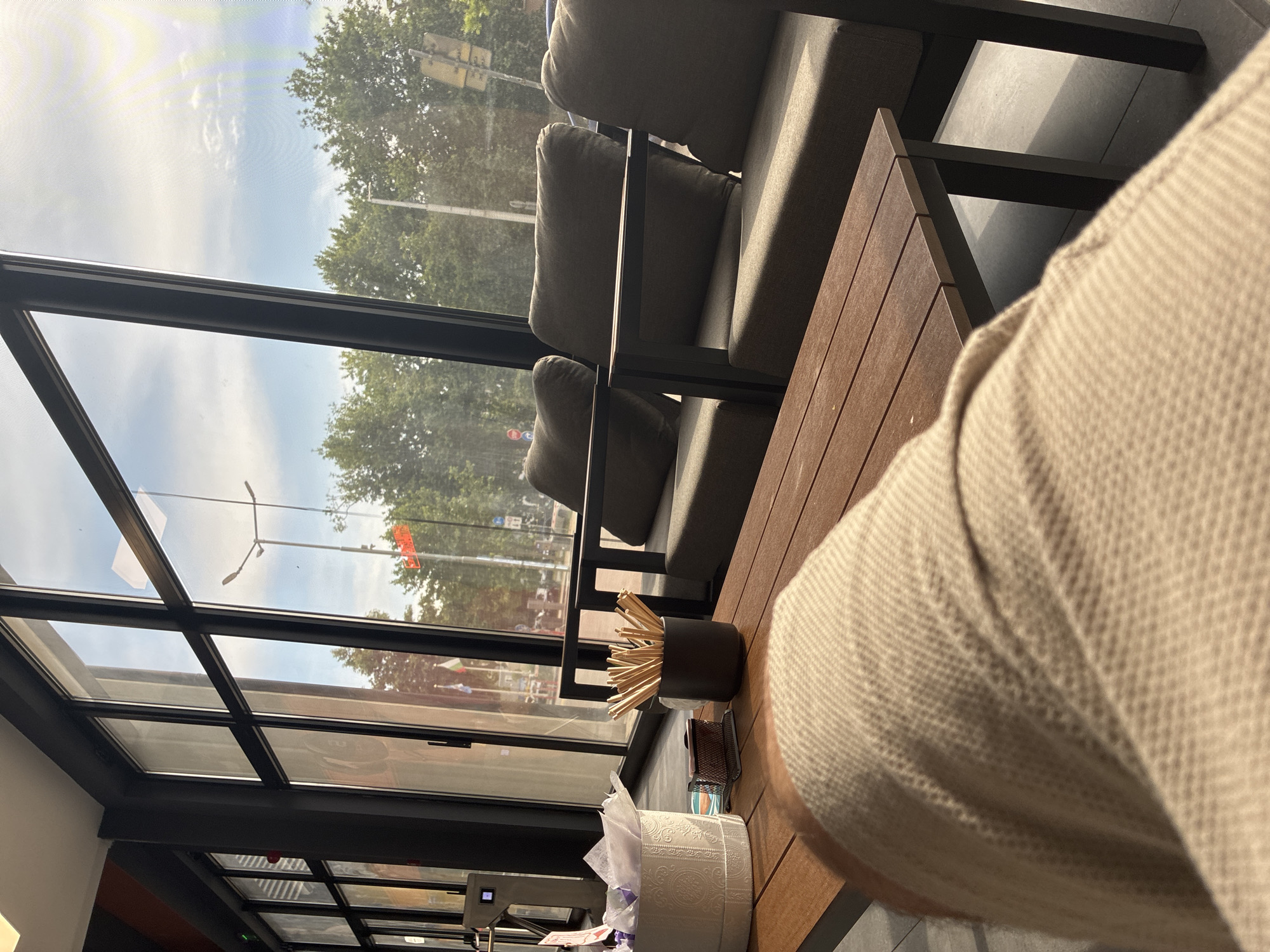 The image captures an indoor seating area, likely a cafe or restaurant, offering a view of the outdoors through large glass windows. A person's arm and shoulder, clad in a light-colored, textured shirt, are visible in the foreground, suggesting they are seated at a wooden table.
The interior features modern dark-framed furniture, including comfortable-looking gray upholstered chairs or sofas arranged opposite the windows. On the wooden-slatted table, a black cylindrical holder filled with wooden stirrers or toothpicks is placed alongside a white tissue box with an embossed pattern and a small mesh organizer.
Beyond the expansive windows, a bright daytime scene unfolds. Lush green trees line what appears to be a street or park area. The sky is largely clear and blue with a few scattered white clouds, indicating pleasant, sunny weather. A street light pole is visible, and in the distance, flags are discernible, one of which appears to be the flag of Bulgaria, aligning with the provided location context of Plovdiv, Bulgaria. A red circular sign, possibly a traffic sign, is also present further down the street. The large glass panels and dark frames suggest contemporary architecture for the establishment. No discernible text is visible in the image.
