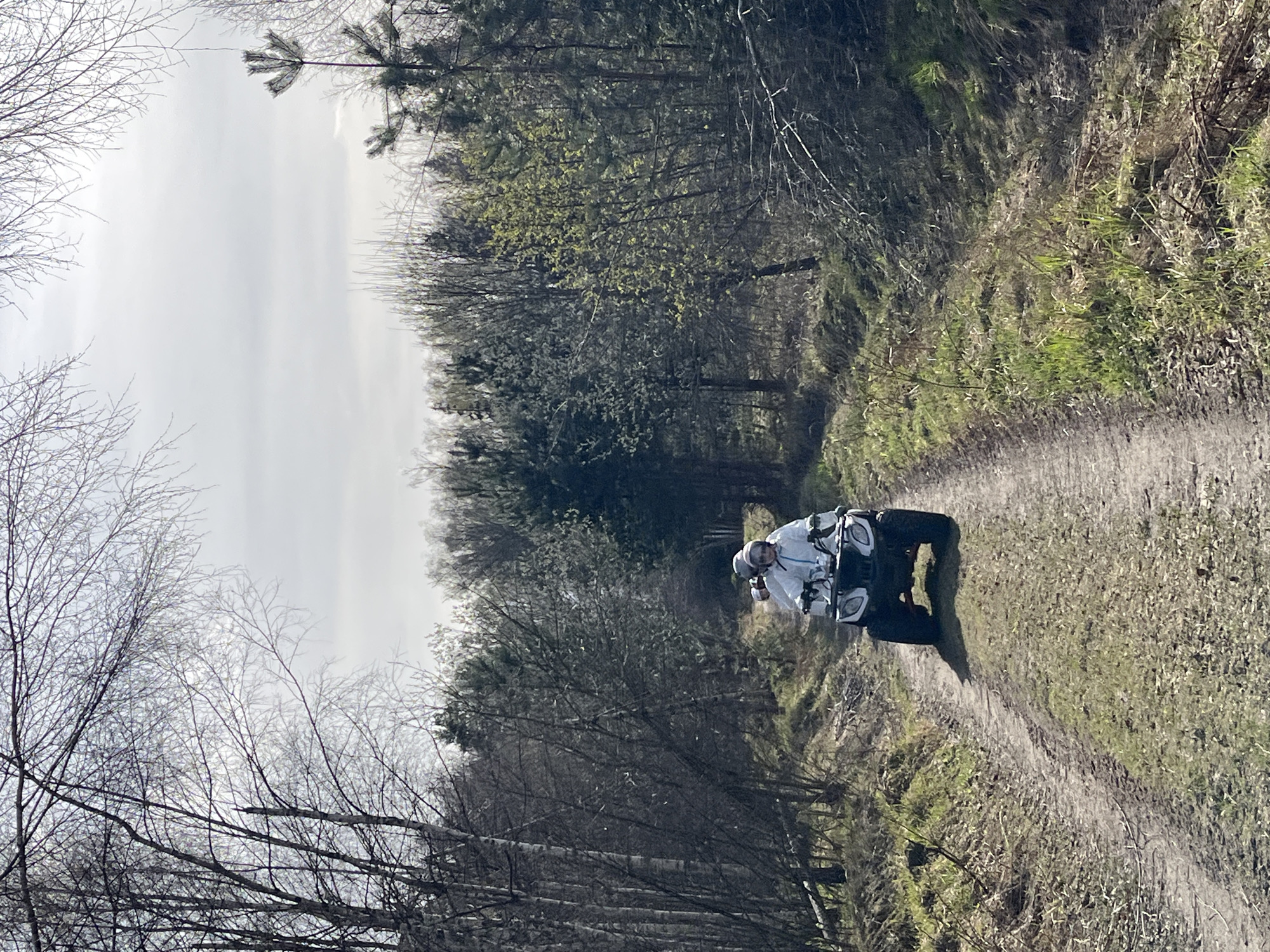 An ATV is driving on a dirt road through a wooded area. The person driving is wearing a white suit and a helmet. The trees are bare in some areas and covered in green foliage in others. The ground is covered in grass, moss, and dried leaves. The sky is overcast. The location is Razdol'e, Russia.