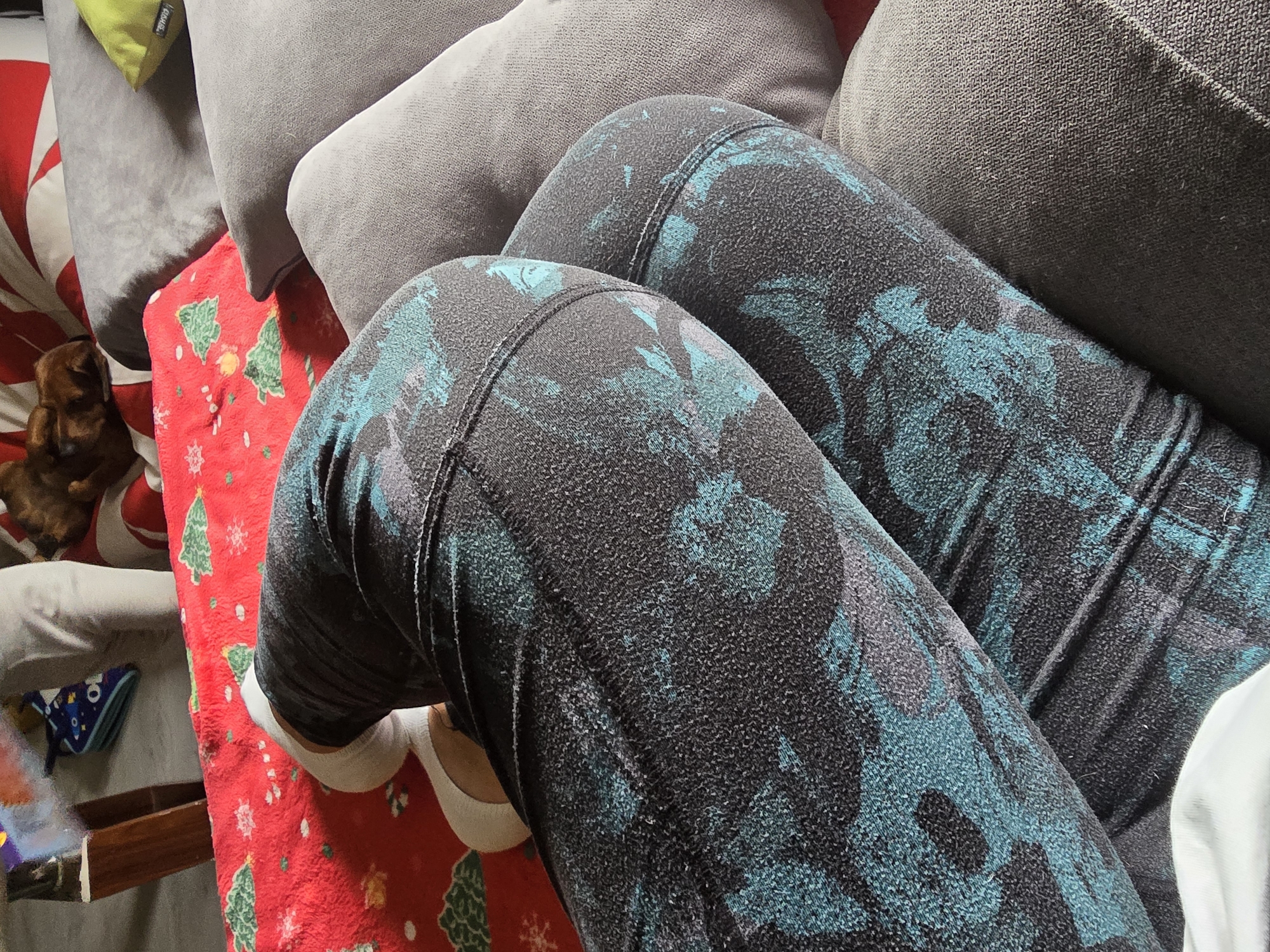 The image shows a person's legs wearing patterned leggings and white socks, resting on a red blanket with a Christmas tree pattern. The person is lying on a couch with several grey pillows. A small brown dog is visible on the left side of the image, lying on a white and red striped blanket. There is also a glimpse of a blue object with white stars on it near the bottom left corner. The overall scene suggests a relaxed indoor setting, possibly a living room. There are no explicit time of day or weather cues. The emotions conveyed are those of comfort and relaxation. No visible text is present in the image.