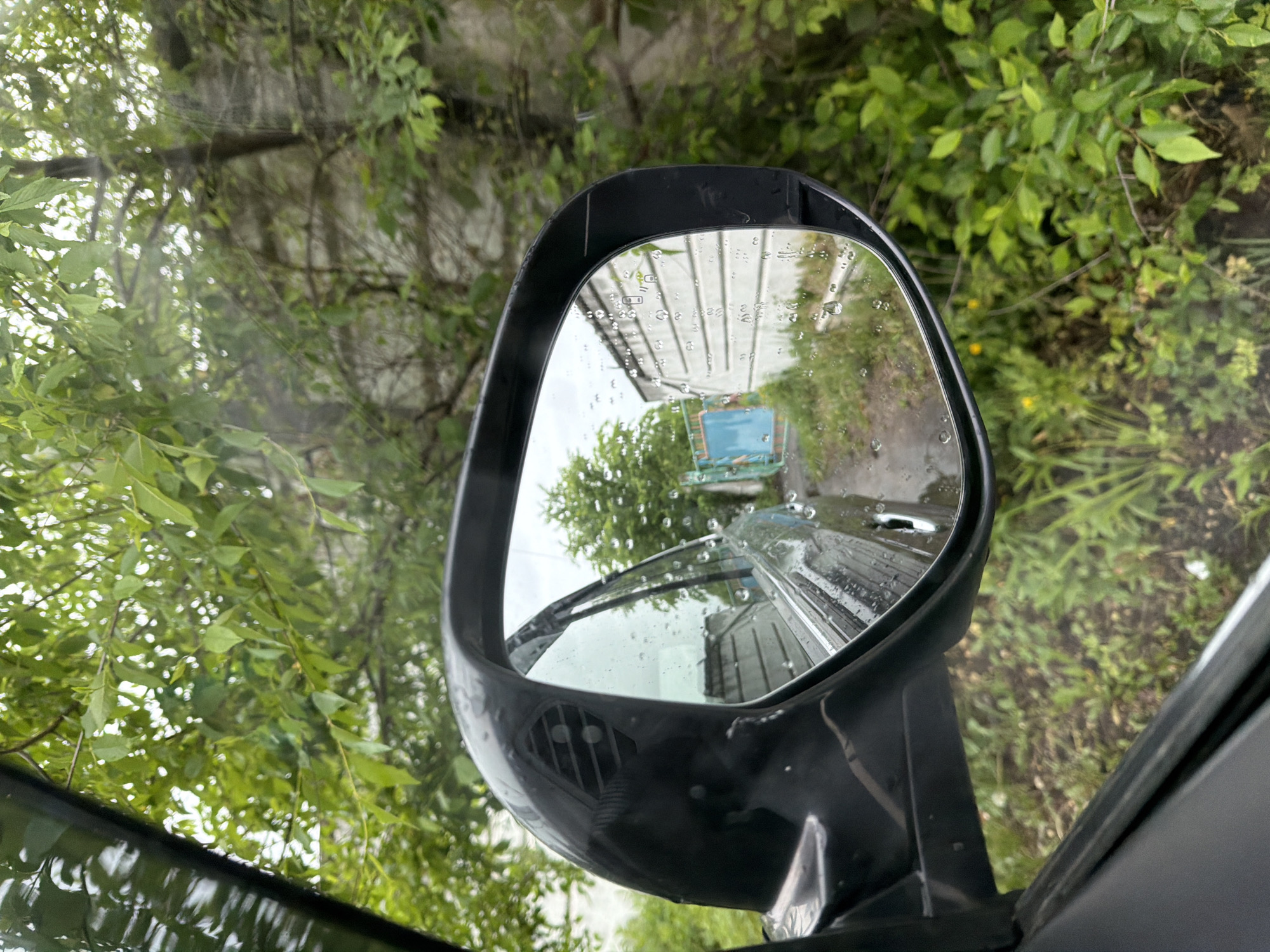 The image displays an outdoor scene in Pronkino, Russia, captured from the interior of a vehicle looking towards the driver's side. A black side mirror, visibly wet with numerous rain droplets, is a prominent feature in the mid-ground. The mirror's reflective surface shows a segment of the car's exterior, a wet dirt path, a light-colored fence with horizontal elements, and a distant blue metal gate, all distorted and obscured by water droplets on the mirror. Beyond the mirror and through the vehicle's window, dense green foliage, including trees and bushes, dominates the background. A light-colored, possibly stone or concrete, wall is partially visible through the foliage on the right side of the frame. The overall impression is a damp, overcast day in a vegetated area. No people are present.