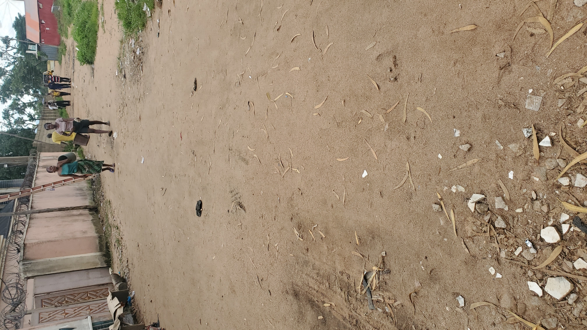 The image depicts a street scene in Jalingo, Nigeria. A sandy path runs through the center of the frame, flanked by buildings and vegetation. Several individuals are visible walking along the path. In the foreground, the path is littered with debris, including fallen leaves, small stones, and what appear to be fragments of broken pottery or concrete.
Two women are walking from left to right in the middle ground. The woman on the left wears a green tank top and a patterned skirt, carrying a large bucket. The woman next to her wears a striped t-shirt and dark shorts, also carrying a bucket. Behind them, a group of people are walking away from the camera. One man in a yellow shirt is clearly visible, followed by several other figures.
To the left of the path, a pink-colored building with a patterned gate is visible. A ladder is propped against the wall of this building. A barbed wire fence runs along the top of the wall. To the right, further down the path, a small red building with an orange roof is present, surrounded by green bushes. The ground is uneven and appears to be composed of loose sand and dirt, with tire tracks visible in some areas. The overall impression is one of a rural or semi-urban environment.