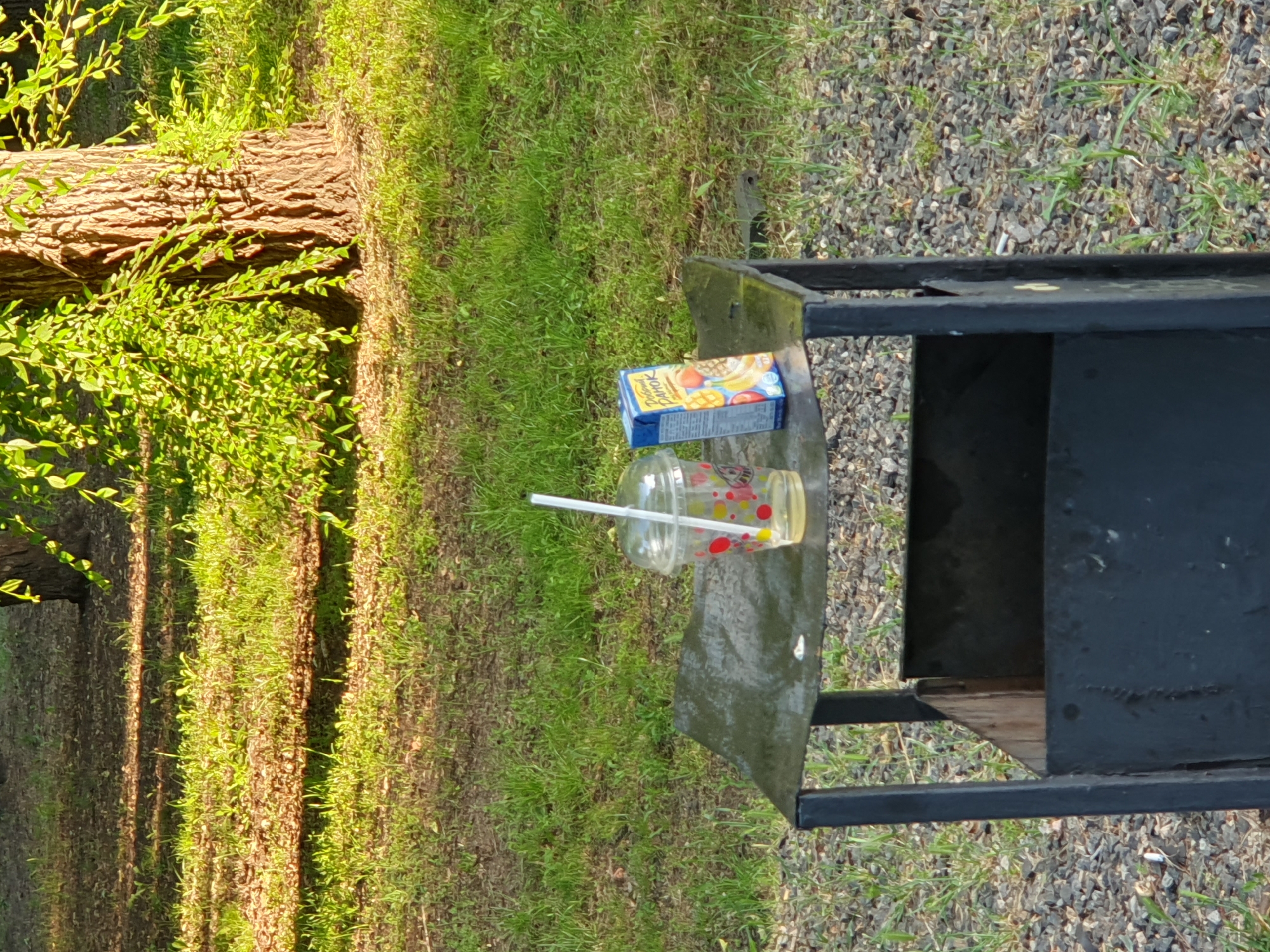 On a metal trash can outdoors, a clear plastic cup with a white straw and a juice box are placed on the lid. The cup is partially filled with a light yellow liquid and has a colorful design on its exterior. The juice box is blue and features an image of fruits. The trash can is black and appears to be made of metal. The scene is set on a surface covered with gravel and surrounded by green grass and trees. The lighting suggests it is daytime, possibly late afternoon, with shadows cast on the ground.