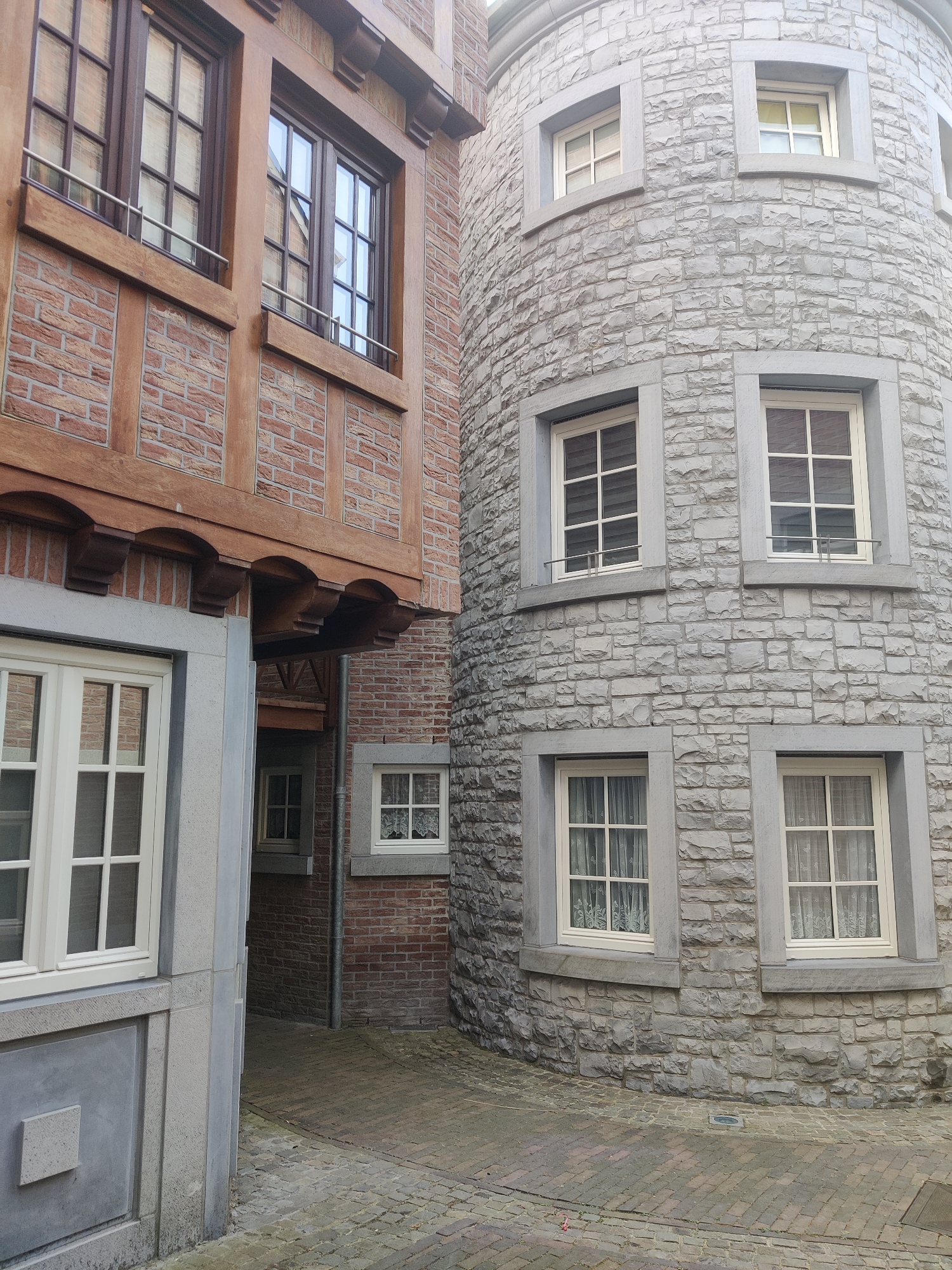 The image shows a narrow cobblestone alleyway between two buildings. On the left is a building with a timber-framed facade, characteristic of older European architecture, featuring reddish-brown bricks and dark wood beams. It has several windows with multi-pane glass. To the right is a rounded tower-like building constructed from light grey rough-hewn stone blocks. This stone building also has multiple windows, most of which are divided into panes and have white frames. The alleyway is paved with interlocking bricks, and there are some fallen leaves on the ground. The scene appears to be in an urban environment, likely in the historic center of Marche-en-Famenne, Belgium, given the architectural style. There are no people visible in the image.