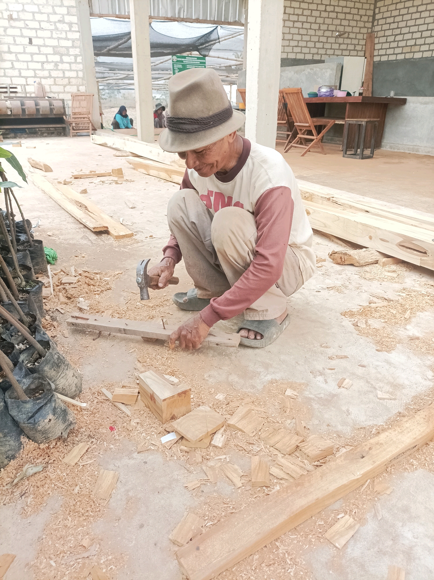 In Merakurak, Indonesia, an elderly man wearing a wide-brimmed hat and maroon and white long-sleeved shirt is crouching on a concrete floor. He is actively engaged in woodworking, holding a hammer in his right hand and a nail in his left, preparing to strike a piece of wood. The floor is covered in sawdust, wood shavings, and several pieces of cut lumber, indicating recent or ongoing construction or repair work. To the left of the man, a row of saplings in black plastic bags is visible. In the background, a brick wall and a covered structure with corrugated roofing are present. Other individuals can be seen in the distance, also seemingly engaged in various tasks. The overall environment suggests an outdoor workshop or construction site.