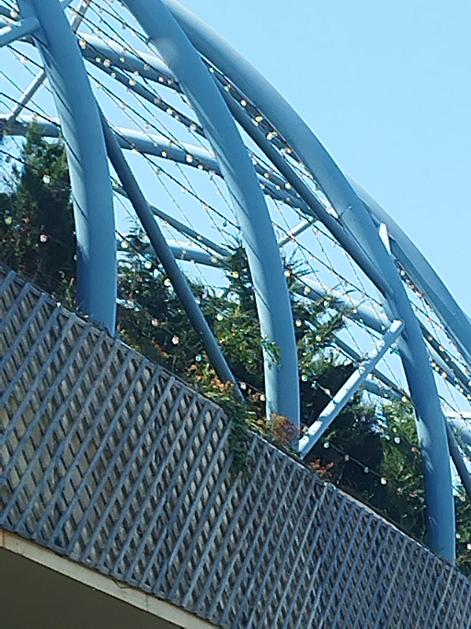 The image shows an outdoor scene with a bright blue sky in the background. In the foreground, there is a structure with curved blue beams, possibly part of a bridge or architectural installation. A lattice fence, also appearing to be blue or grey, runs diagonally across the lower part of the image. Behind the fence and beneath the blue beams, there are dense green trees and what appear to be strings of small, round, colorful lights, some of which are lit. The overall impression is of a festive or decorative outdoor space. The location is identified as Cățelu, Romania.