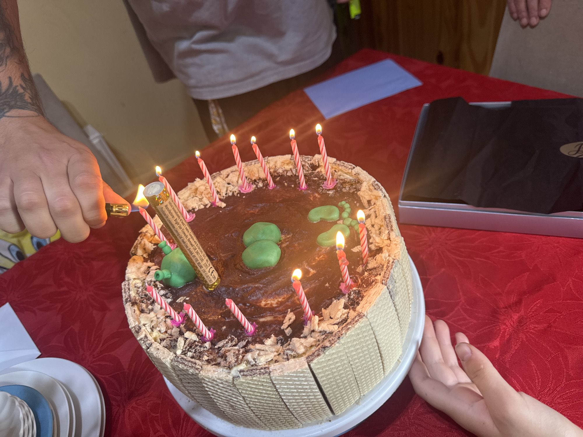 A close-up shot captures a chocolate cake adorned with lit pink and white striped candles. In the foreground, a hand holds a lighter, igniting one of the candles. The cake is decorated with chocolate shavings and green fondant shapes. Surrounding the cake, on a red tablecloth, are a stack of white plates and a silver box containing black fabric. The scene appears to be a birthday celebration, possibly in a home environment within the city of Waterford, Ireland.