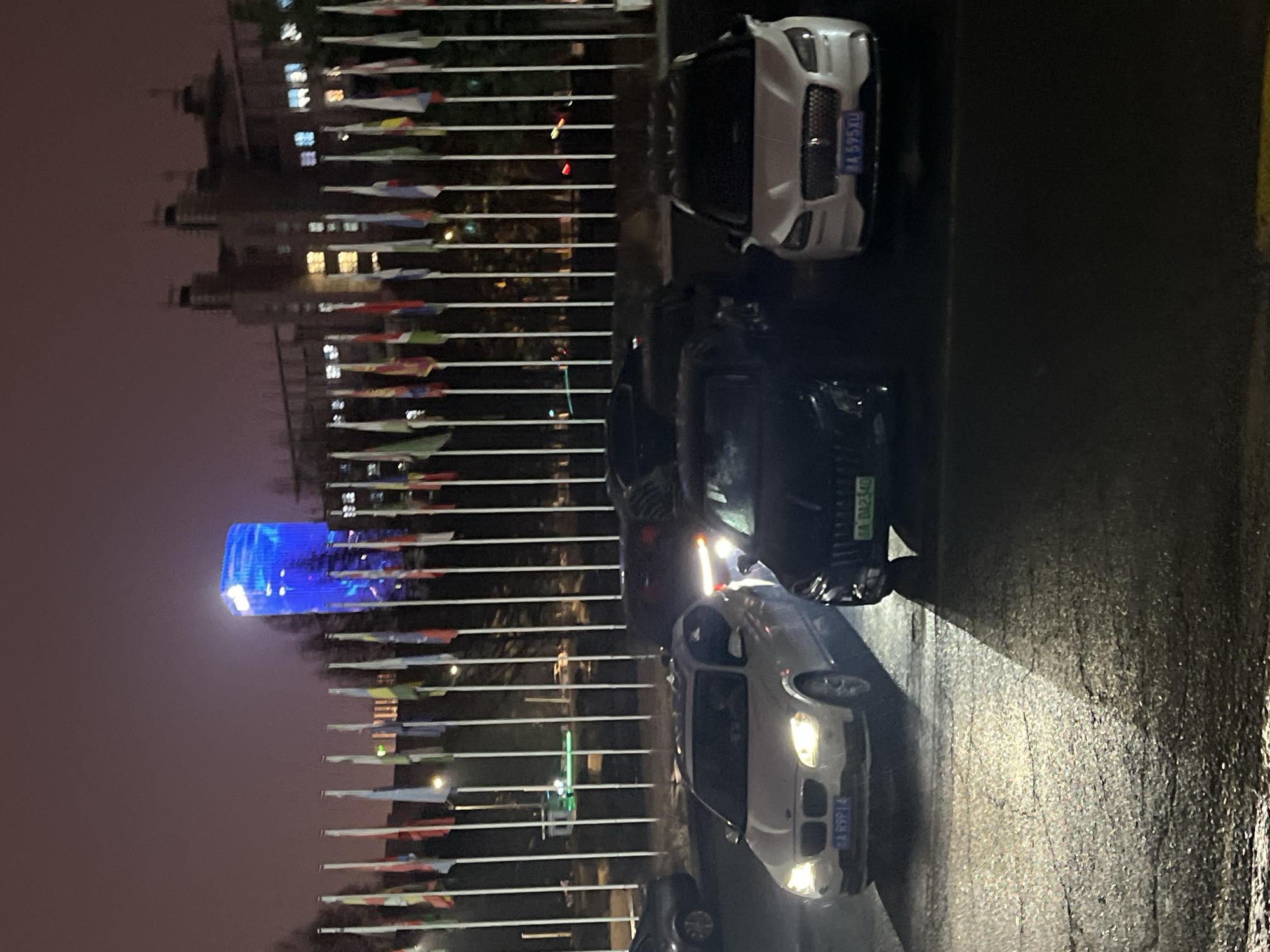 The image depicts a night scene in Changchun City, China. A building with a blue illuminated top is visible in the background, along with rows of international flags. Three cars are parked on the wet asphalt: a white car with license plate "A 595XU," a dark colored car with license plate "A DA234C," and another white car with license plate "A RYP14." The scene suggests a location near a government building or international center in the city.