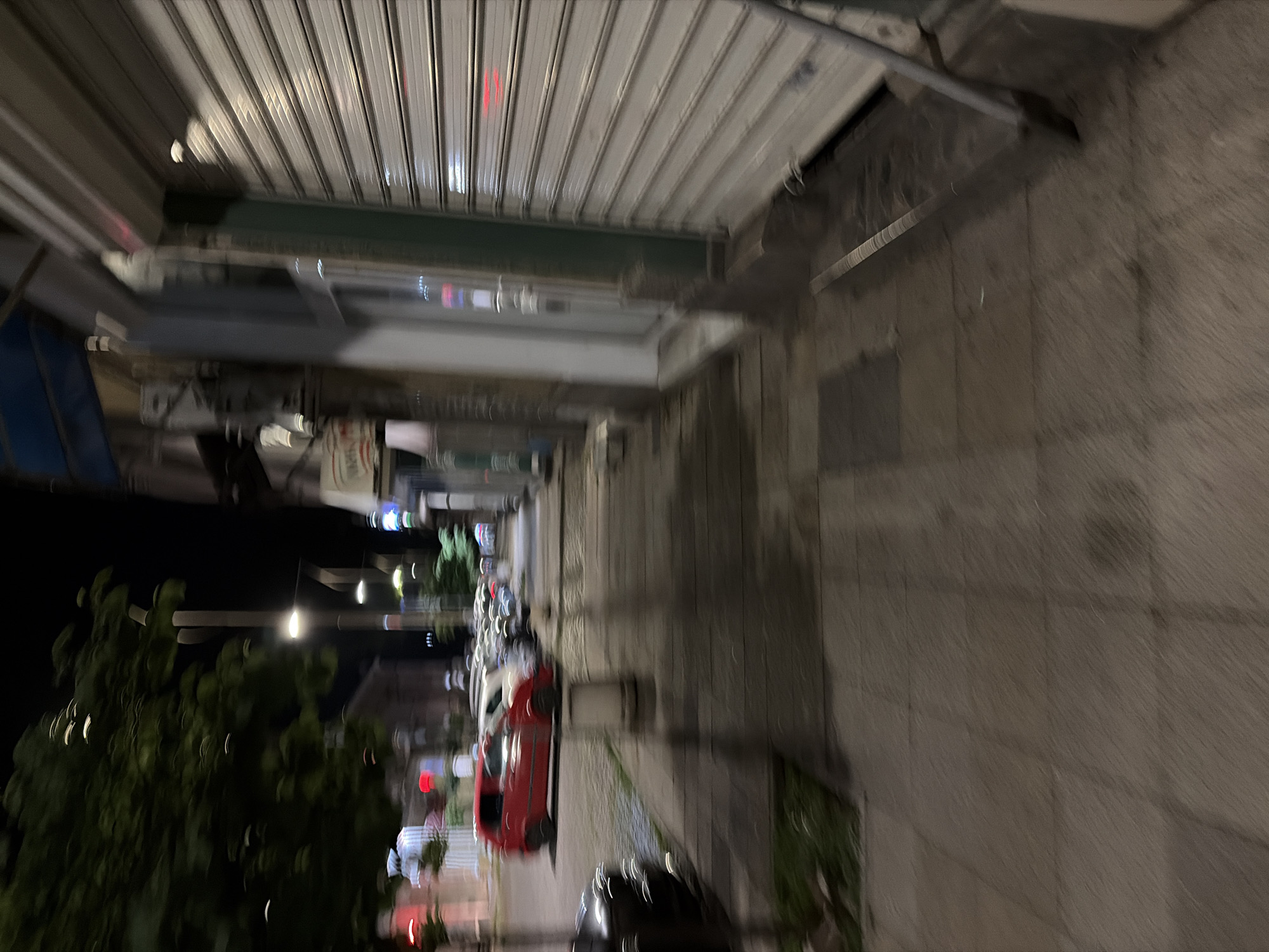 A blurry, nighttime photograph captures a sidewalk scene in the city of Stara Zagora, Bulgaria. The image is dominated by motion blur, suggesting movement during the exposure. On the left side of the frame, a red car is visible parked along the street, with other vehicles blurred in the background. A tree with dark foliage is present, and a lamppost illuminates the scene with a warm light. The sidewalk is paved with large, square tiles, and to the right of the sidewalk, a building facade features a closed, metallic roller shutter. The overall atmosphere is dim and indistinct due to the low light conditions and motion blur.