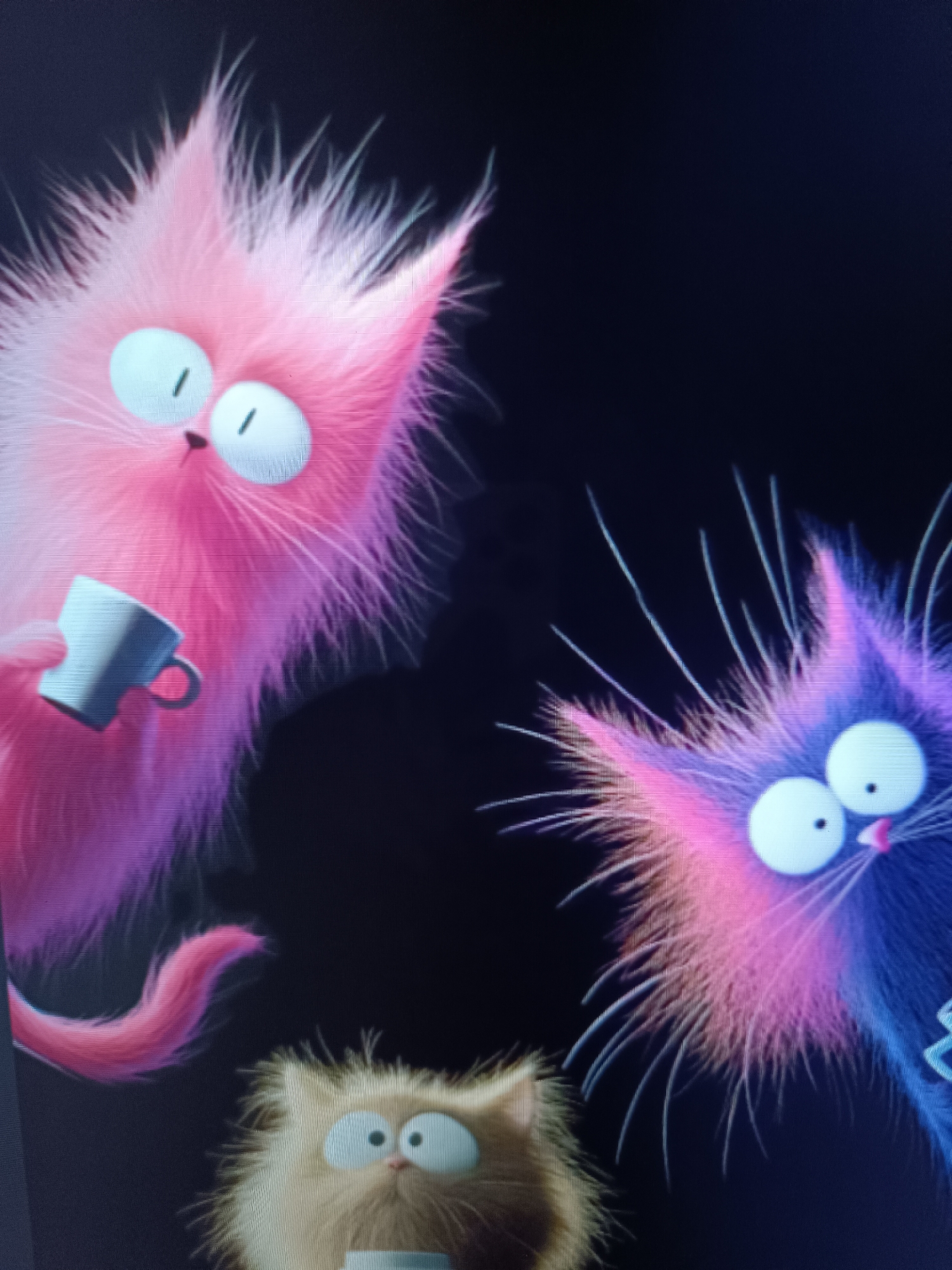 The image features three stylized, cartoon cats against a dark background. The cat on the left is large and pink, with wide, light blue eyes and long, wispy fur. It is holding a small, light blue cup in its paw. To the right of the pink cat is a cat that is primarily blue and purple, also with large, light blue eyes and very fluffy, spiky fur. Below these two cats, and partially visible at the bottom of the frame, is a third cat that appears to be light brown or beige, with similar wide, light blue eyes and fluffy fur. The overall style is whimsical and cartoonish, with exaggerated features. There are no discernible cues about the time of day, weather, or a specific location within Taraz, Kazakhstan. The expressions of the cats appear to be curious or surprised, conveyed through their large eyes. No text is visible in the image.