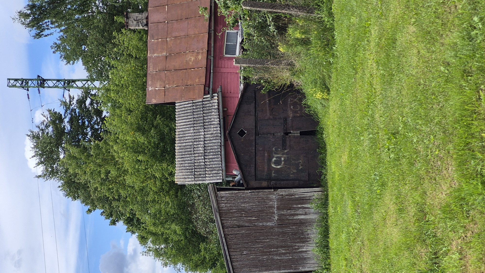 A medium shot captures a rustic scene with two adjoining structures and a grassy foreground, likely in Jēkabpils, Latvia, given the presence of a power line tower and a distinct architectural style. On the left, a weathered wooden shed with vertical planks and a sloped roof stands partially open. To its right, a pink building with a corrugated metal roof, possibly a house, is visible. Attached to the front of the pink building is a dark, rusty metal garage door with visible markings. A person, wearing light-colored clothing, is partially visible emerging from the opening between the shed and the garage. The background is filled with lush green trees, and a tall green metal power line tower with insulators rises above them. The foreground is a vibrant green lawn with scattered weeds. The sky is partly cloudy, with patches of blue visible.
