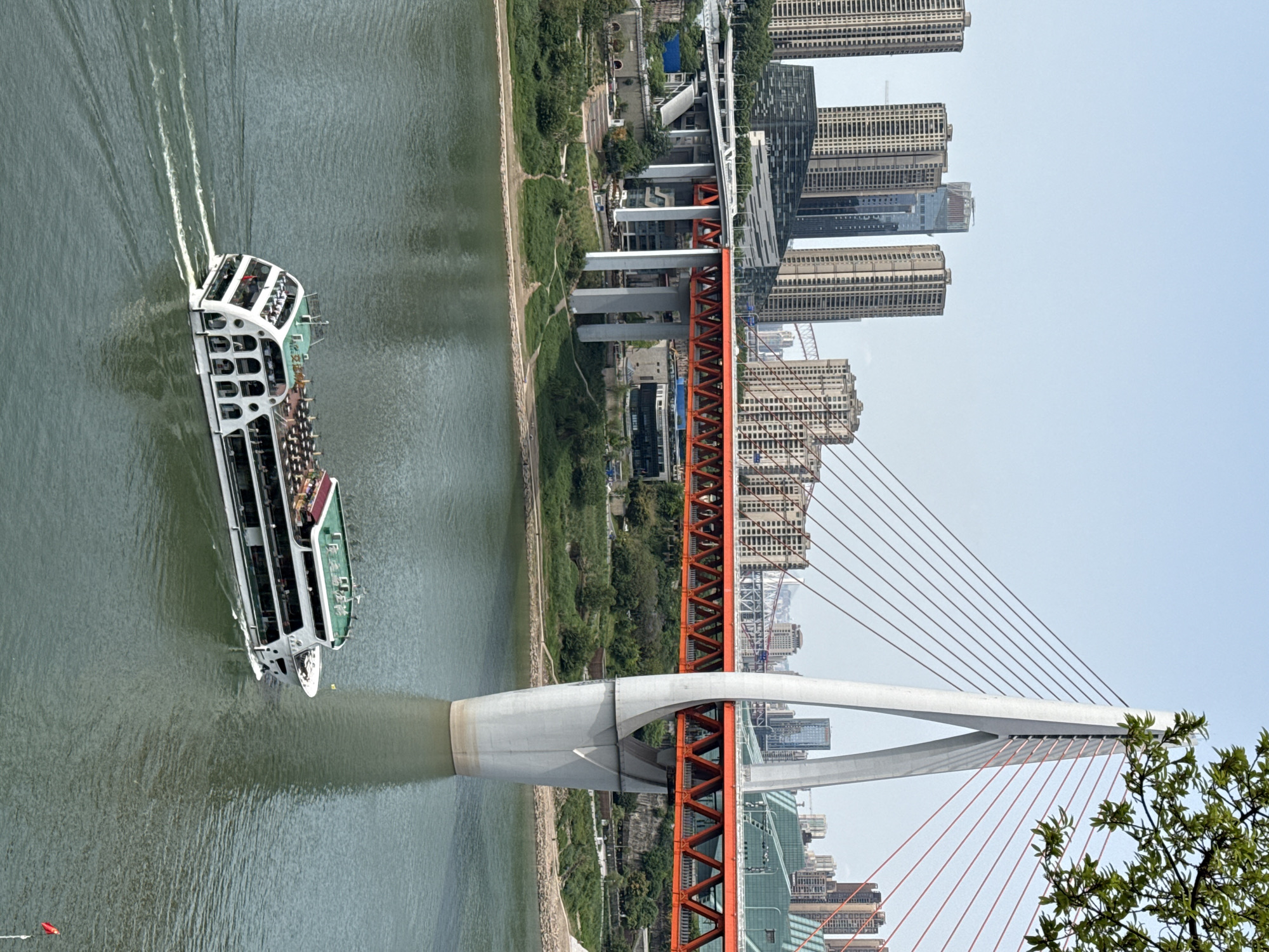 This vibrant daytime scene captures a modern urban landscape centered around a large river. A multi-decked passenger boat, predominantly white with green accents, actively navigates the murky green water on the left side, leaving a distinct white wake behind it. Numerous people are visible on its open decks, suggesting a sightseeing or transport activity.
Spanning the river in the mid-ground is a striking cable-stayed bridge. Its main support structure features a prominent white, Y-shaped pylon rising from the water. From this pylon, numerous red-orange cables descend to support the bridge deck, which is also constructed with a red-orange truss framework. Additional concrete support pillars are visible along the riverbanks beneath the bridge.
The background is dominated by a dense cityscape, showcasing a multitude of modern high-rise buildings and skyscrapers that stretch along both banks of the river. Green foliage and trees line the riverbanks and a leafy branch is visible in the top right corner of the frame, adding a natural element to the urban environment. The sky is bright and clear, indicating good weather conditions. The overall setting points to a busy metropolitan area, consistent with Yuzhong District, China. There is no discernible text visible in the image.