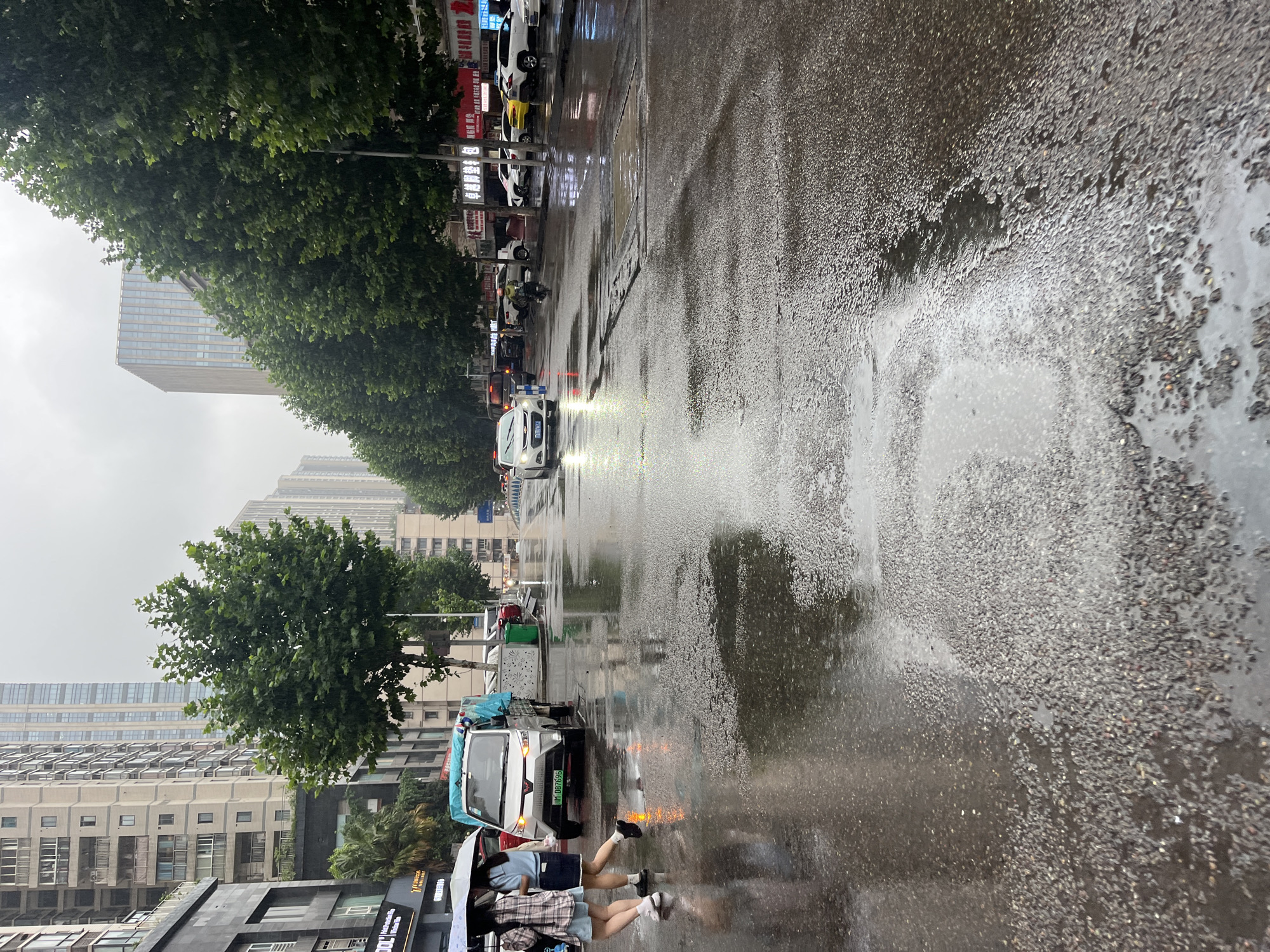 The image depicts an overcast and wet urban street scene in Yuzhong District, Chongqing, China. The asphalt road is extensively covered in puddles and reflective surfaces, indicating recent or ongoing rainfall. Multi-story residential and commercial buildings line both sides of the street, with taller, modern high-rises visible in the background. A consistent row of mature deciduous trees with dense green foliage borders the road.
In the foreground on the left, two individuals are walking away from the camera, sharing a white umbrella. One person wears a light-colored plaid shirt over a light blue skirt and white sneakers, while the other wears a light blue short-sleeved top, a dark skirt, and dark shoes with white socks. A white mini-truck with a blue tarp covering its bed is positioned on the left side of the wet road, facing the camera, with its headlights illuminated. Its license plate, "渝MD87696," is clearly visible.
Further down the road, on the right side, another white sedan (with a partially visible license plate "渝D...G2") is also facing the camera with its headlights on, casting reflections on the wet pavement. A motorcyclist, wearing a yellow helmet, is riding down the middle of the street. Several other vehicles are parked along the right curb. Green trash receptacles and shop signs displaying Chinese characters are visible along the sidewalks. The sky is uniformly grey and overcast.