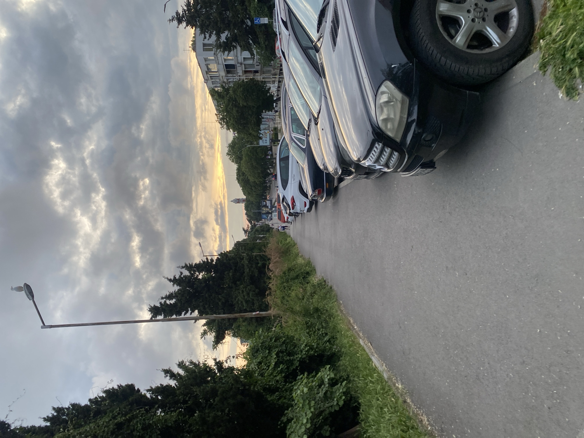 The image, originally rotated 90 degrees counter-clockwise, captures a tranquil street scene, likely in Varna, Bulgaria, during either sunrise or sunset. The sky dominates the upper portion of the frame, filled with dramatic grey clouds partially illuminated by a vibrant golden-yellow light breaking through on the distant horizon, suggesting a twilight hour.
A row of cars is parked along the right side of the scene, facing away from the viewer. The closest vehicle is a dark-colored Mercedes-Benz, identifiable by its distinctive five-spoke silver wheel bearing the brand's logo. Its front bumper and headlight are also visible. Behind it, a line of other cars, predominantly sedans in white, black, and grey, recedes into the distance. A blue circular road sign with a white arrow is partially visible above the parked vehicles.
On the left side, a wide, paved road or pathway stretches from the foreground into the background. This path is bordered by lush green grass, dense bushes, and various trees, which also line the area behind the parked cars. In the mid-ground, multi-story buildings with windows and balconies emerge from behind the foliage. In the far distance, silhouetted against the bright horizon, a distinct architectural structure, possibly a church tower or a notable building, stands out.
A tall street light pole with a luminaire is prominent on the far left, featuring a white bird perched on its arm. Another street light is visible further down the road. No individuals or specific activities are clearly visible, contributing to the serene atmosphere.