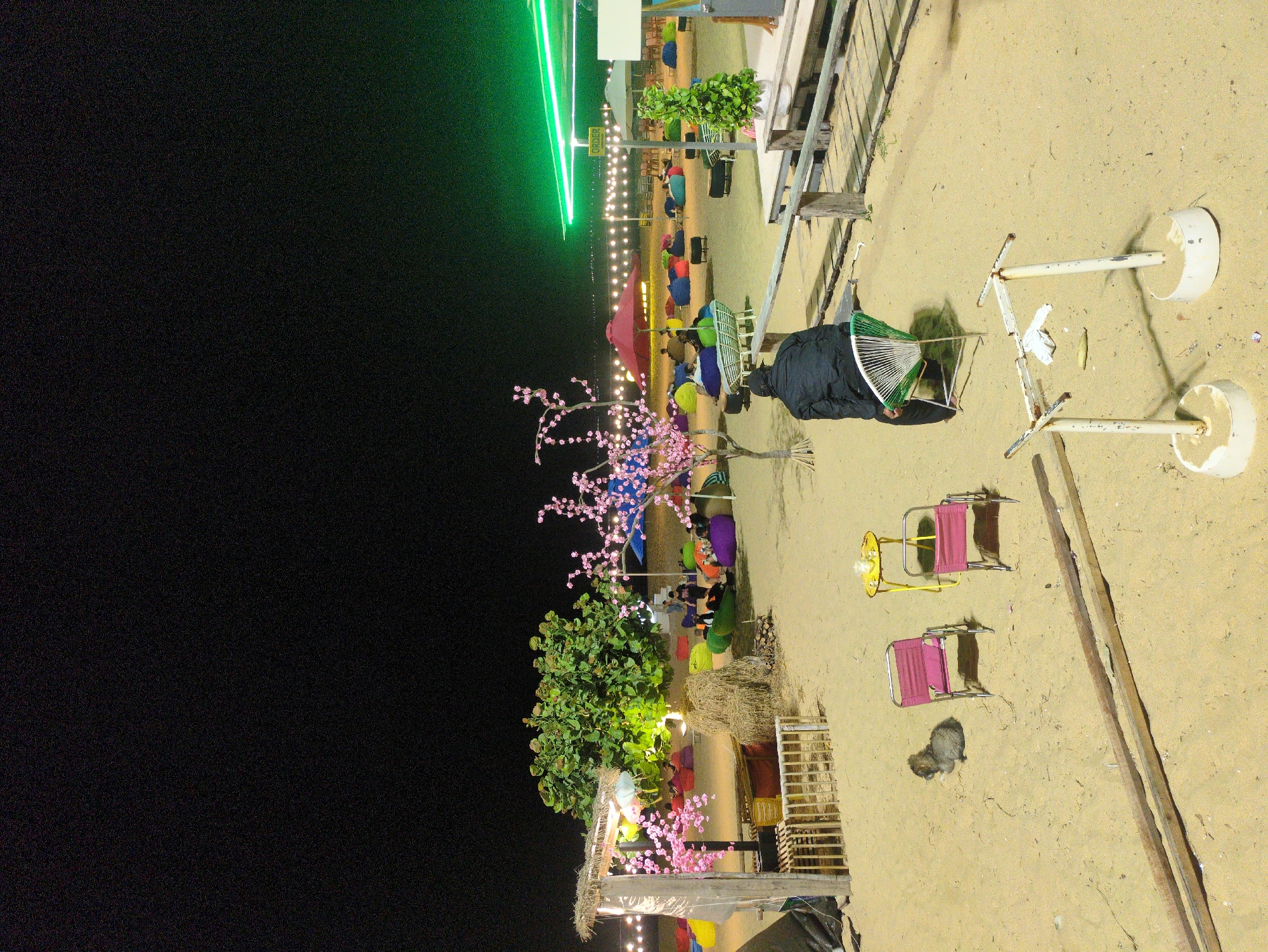 This photograph, taken in Quy Nhon Ward, Vietnam, presents an elevated nighttime perspective of a beachfront dining or entertainment area. The composition is divided between a dark night sky and a brightly lit beach.
To the right, sand covers the foreground, occupied by two small pink folding chairs and a small, possibly stray animal. Debris lies near two vertical posts. To the left of that, there is a covered, straw hut, decorative trees illuminated with pink lights, and string lights. Further in the background, there are beach seating areas with people relaxing on colorful cushions. A row of overhead string lights stretches toward a building with a green neon light.