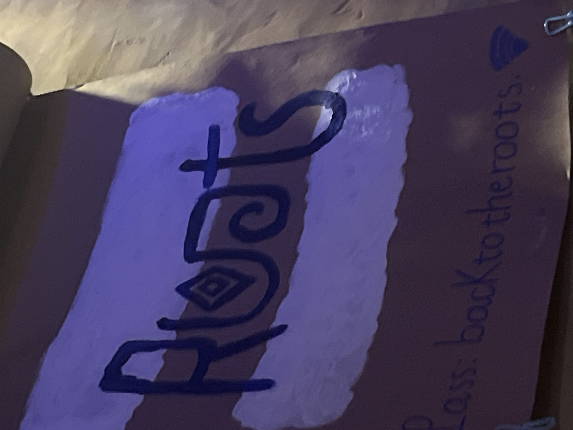 The image shows a close-up of a piece of paper or fabric with the word "Roots" written in dark blue paint. The letters are large and stylized, with a diamond shape inside the "o". Below "Roots", there is smaller text that appears to read "lass: back to the roots." A blue diamond shape is drawn after "roots." The background is a reddish-brown color with a purplish hue. There is a bright purple light illuminating the top portion of the image. There is no identifiable location in the city of Mũi Né, Vietnam.
