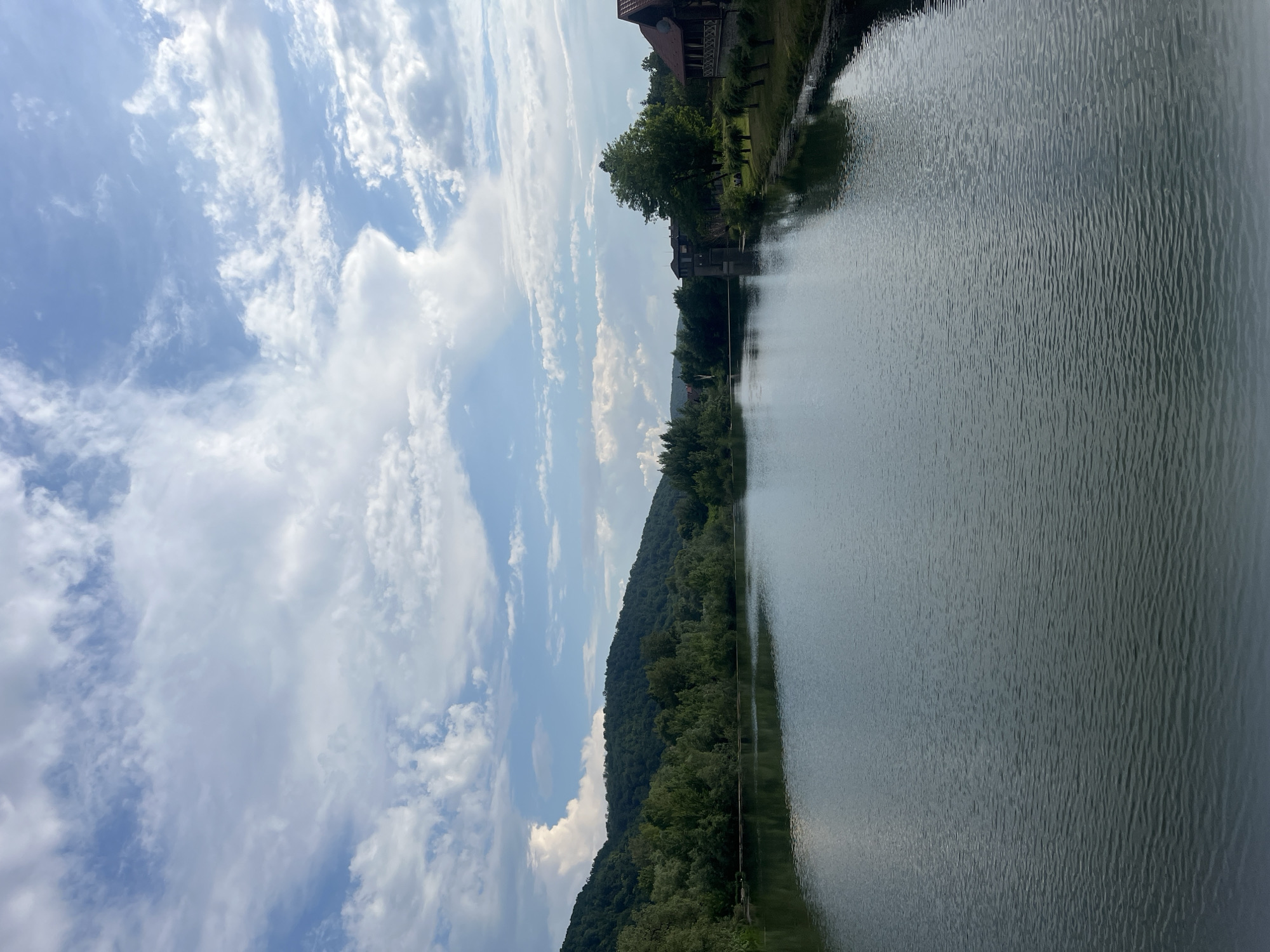 This image, when viewed horizontally, depicts a tranquil natural landscape in Kamianytsia, Ukraine, featuring a lake or wide river, tree-covered mountains, and scattered buildings under a partly cloudy sky.
The upper portion of the frame is dominated by a bright blue sky filled with a variety of white clouds, ranging from wispy streaks to more voluminous cumulus formations, suggesting pleasant weather. The lower portion features a calm body of water with subtle ripples reflecting the sky and surrounding elements.
Along the far bank of the water, a prominent, densely forested mountain or large hill rises, covered in lush green deciduous trees. Closer to the viewer, on the right side of the water, a narrow strip of land is visible, populated by more trees and several buildings. One notable structure stands out with a multi-gabled, dark-tiled roof and visible wooden architectural details, suggesting a traditional or rustic style, possibly a resort or dwelling. The buildings are nestled amongst the greenery, creating a harmonious blend of nature and human presence.
No specific activity or people are visible in the scene, which appears static and peaceful. The lighting indicates it is daytime, likely late morning or early afternoon, with ample sunlight illuminating the landscape. There is no visible text in the image. The overall atmosphere conveys serenity and natural beauty, characteristic of a scenic riverside or lakeside setting.
