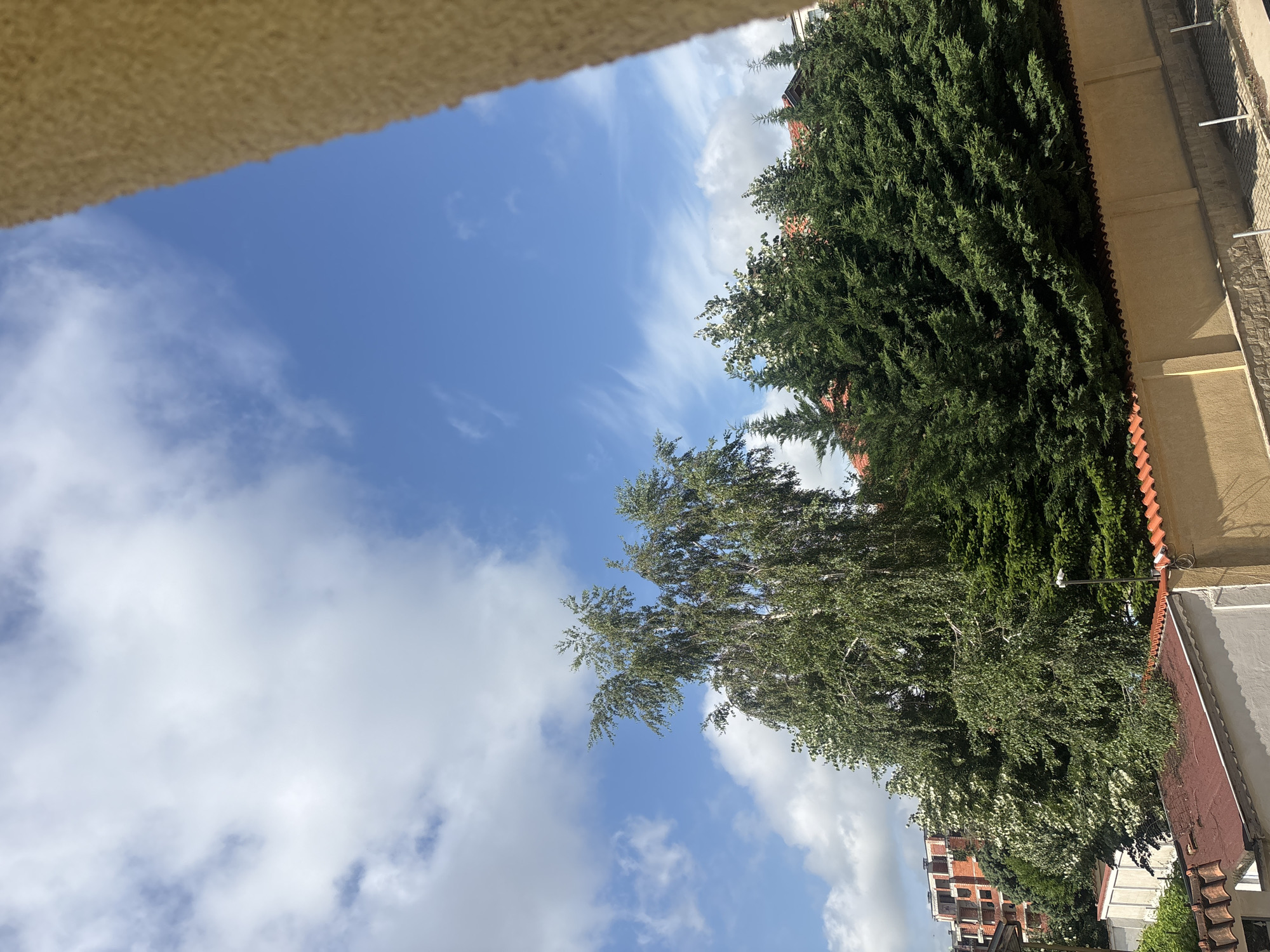 The image captures an outdoor urban landscape from an elevated perspective, likely a balcony or window, under a bright daytime sky. In the immediate foreground, a textured, light-brown concrete or stucco surface, possibly a balcony edge or overhang, partially frames the top of the view.
The sky dominates the upper and central portions, displaying a clear blue expanse dotted with scattered white clouds. Some clouds are wispy cirrus, while others are more puffy cumulus formations, suggesting pleasant weather.
Lush green foliage fills a significant part of the frame, predominantly on the right and lower sections. A tall, dense row of dark green conifer trees, resembling a hedge, forms a vertical screen along the right side. To its left, a deciduous tree with lighter green leaves extends its branches towards the sky. Further in the background and towards the lower left, more trees with varying shades of green foliage are visible, partially obscuring distant structures.
Behind the dense conifer trees on the right, parts of urban buildings are visible. These include a light-colored stucco wall topped with distinct orange-red roof tiles. A paved area, possibly a courtyard or walkway with grey pavers, is seen on the far right, adjacent to a low wall with metal posts. In the lower-right corner, another building with a reddish-brown tiled roof and light-colored walls is partially visible. Further in the distance, a multi-story building with a facade featuring reddish-brown brickwork or patterned concrete and dark windows is discernible through the trees.
The scene depicts a sunny day, indicated by the clear sky and bright illumination. No people or visible text are present in the image. The architectural styles, particularly the roof tiles and building materials, are consistent with an urban setting like Plovdiv, Bulgaria.