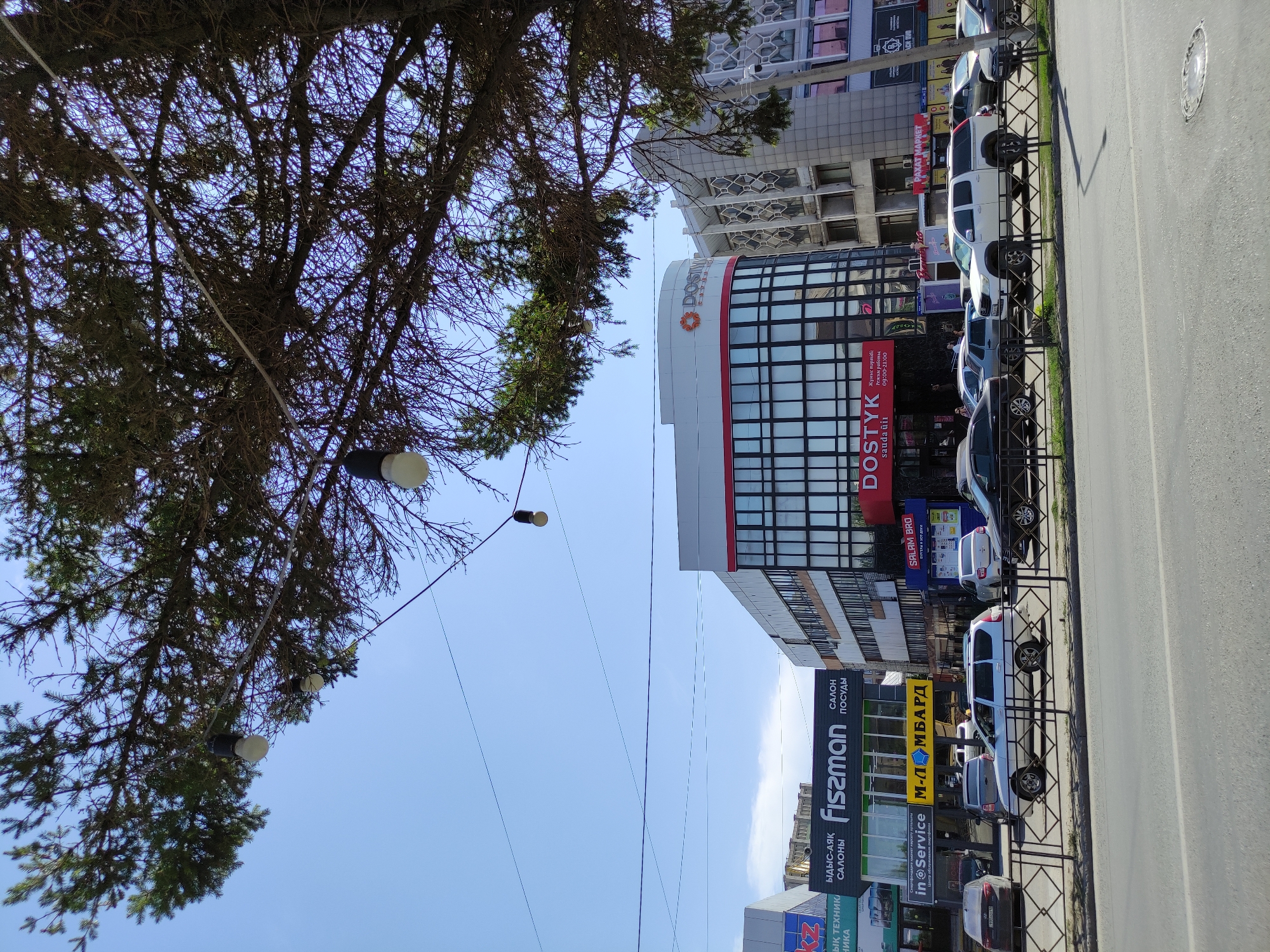 This image depicts a street view in the city of Semey, Kazakhstan, under a clear blue sky. A large tree with green foliage partially obscures the upper portion of the scene, with strings of lights hanging from its branches. In the mid-ground, several commercial buildings are visible. One prominent building features a curved facade with a large glass window section bordered by red and white trim. Above this section, the word "DOSTYK" is displayed in large red letters, with smaller text below indicating "sauda uii". Other businesses visible include "fiszman" and "inService". Cars are parked along the street in front of these establishments. In the foreground, a street with a metal fence separates the sidewalk from the road.