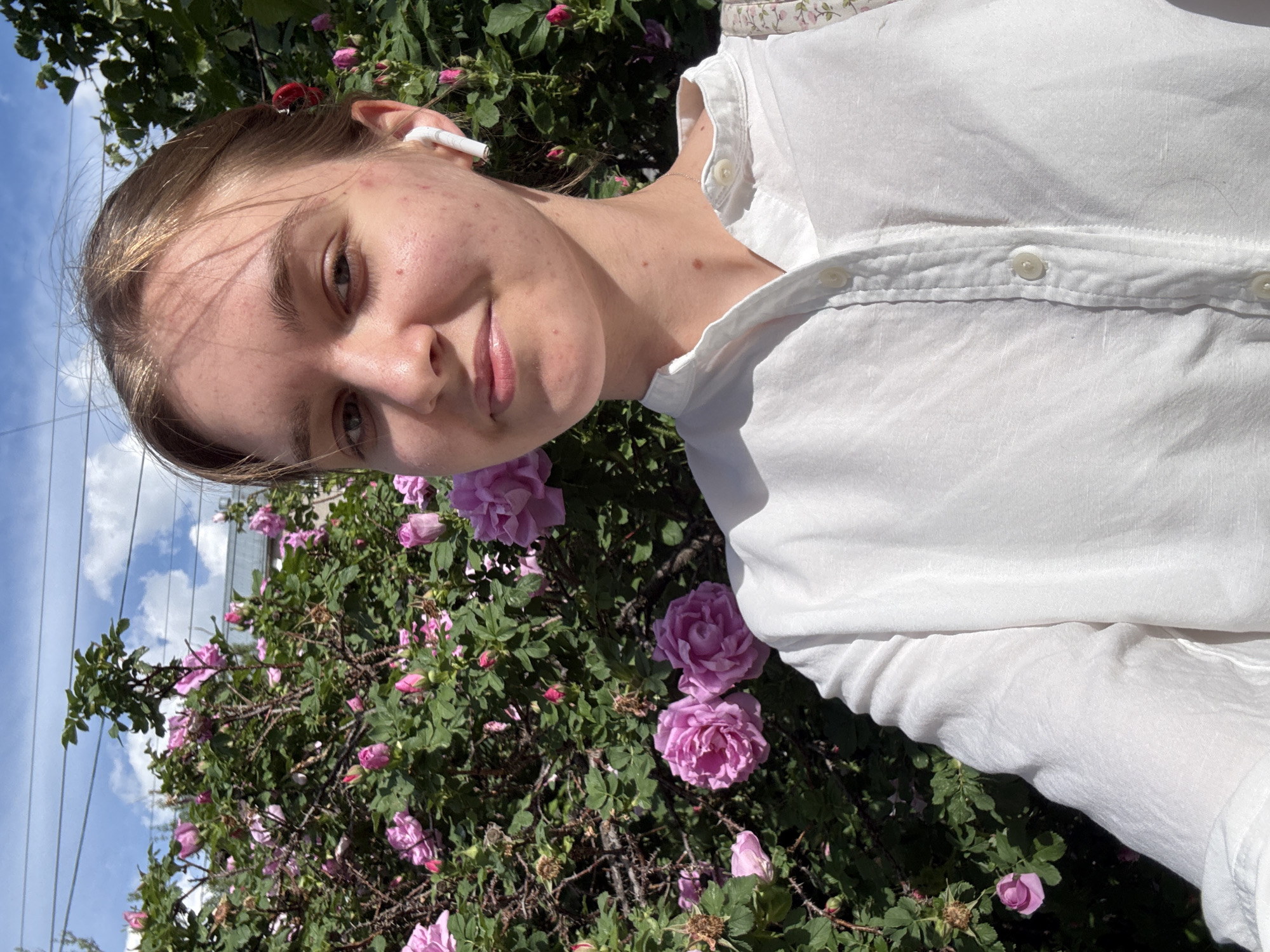 A young woman is captured in a vertical, upward-angled shot, taking a selfie or being photographed outdoors in bright daylight. Her head is tilted to the left, and she looks directly at the camera with a subtle, natural smile. She has light skin, light brown hair, and is wearing a white collared shirt with buttons visible on the placket. A white earbud is inserted into her right ear.
The background is dominated by a lush, thorny rose bush, abundant with pink and purple roses in full bloom and various stages of budding, surrounded by dense green foliage. Above the bush, a clear blue sky with some white clouds is visible, alongside several thin power lines or wires. Part of a light-colored building and a fence are also discernible in the background through the leaves. The scene suggests a sunny day in a garden or outdoor setting, likely during late spring or summer. The overall atmosphere is bright and serene. No text is visible in the image. The location context for this scene is Perm, Russia.