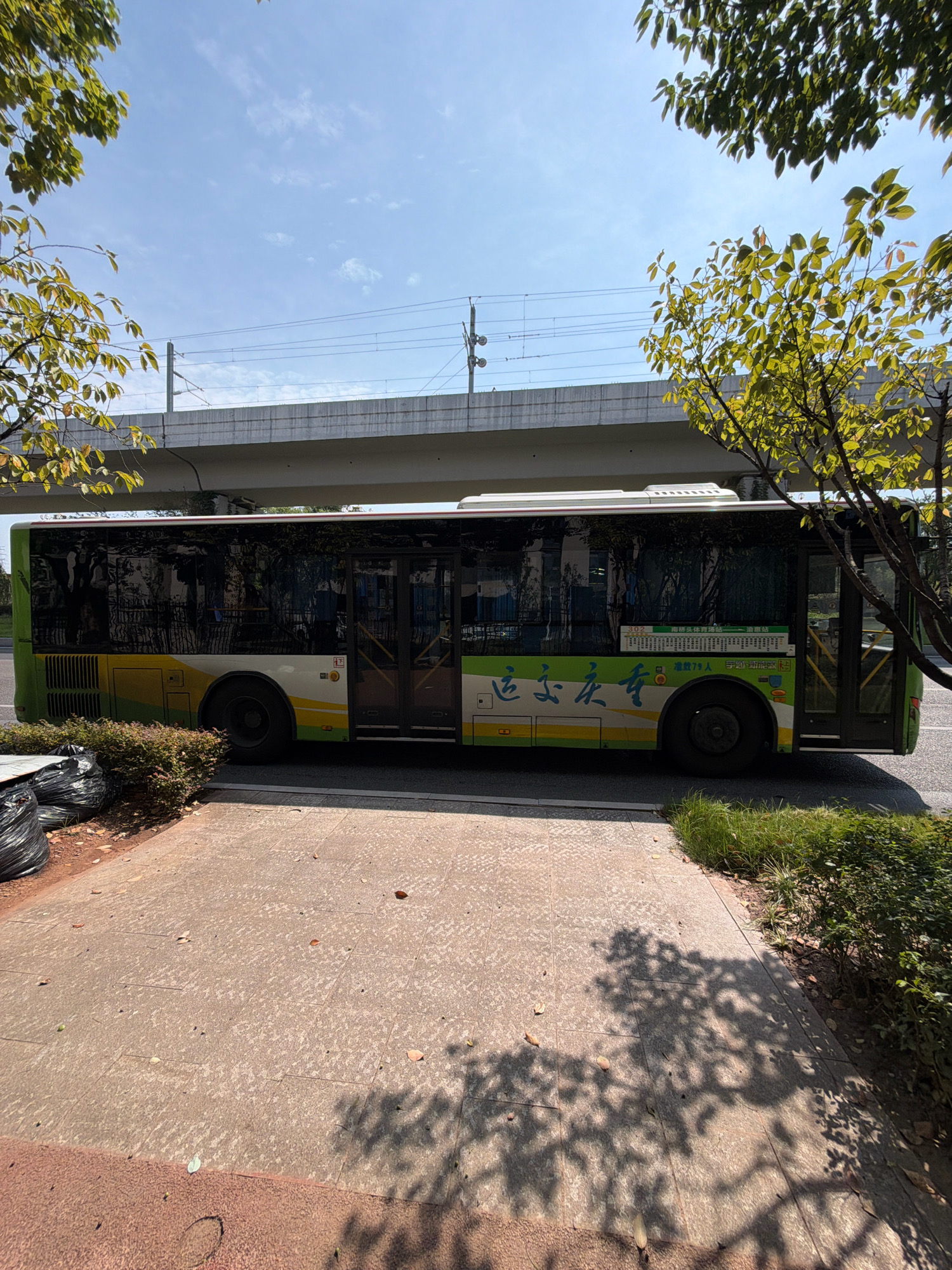 A side view of a green and white city bus is captured on a sunny day, parked on a paved area beside a road. The bus features dark tinted windows that reflect the surrounding trees and the sky. Chinese characters are visible on the side of the bus, along with the number "302" and a list of destinations, indicating it is a public transportation vehicle. A concrete overpass with overhead power lines for an elevated railway or tram system runs in the background, partially obscured by trees. In the foreground, a patch of green grass and bushes sits next to the paved area, and several black trash bags are piled on the left side of the image. The ground is paved with rectangular tiles, and the dappled shadow of tree branches is cast across it. The overall scene suggests an urban environment with infrastructure for both road and rail transportation, located in the city of Jiangjin, China, as indicated by the bus's signage which includes "江津" (Jiangjin).