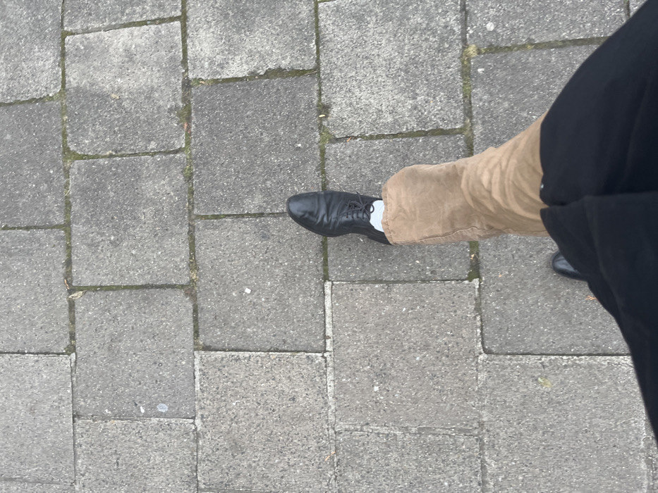 The image, captured from an overhead perspective, focuses on the lower legs and feet of a person standing on a paved outdoor surface. The pavement is composed of rectangular, grey concrete or stone blocks laid in a grid pattern. Thin lines of dirt and small patches of moss are visible in the crevices between the blocks.
The left foot of the person is prominently featured, wearing a black, lace-up leather shoe. A segment of a white sock is visible between the top of the shoe and the hem of a pair of tan-colored trousers, which appear to be made of a sturdy, possibly corduroy or canvas, fabric. The trousers show natural folds and creases. The right foot, also in a black shoe, is partially visible towards the bottom right corner of the frame, largely obscured by a dark, possibly black, garment that covers the leg, likely another pair of trousers or an overcoat.
The lighting is soft and even, suggesting an overcast day. No harsh shadows are present. Scattered across the paving stones are a few small pieces of debris. The scene depicts a common urban setting, likely a sidewalk or pedestrian area in a city such as Bamberg, Germany. There is no visible text in the image.